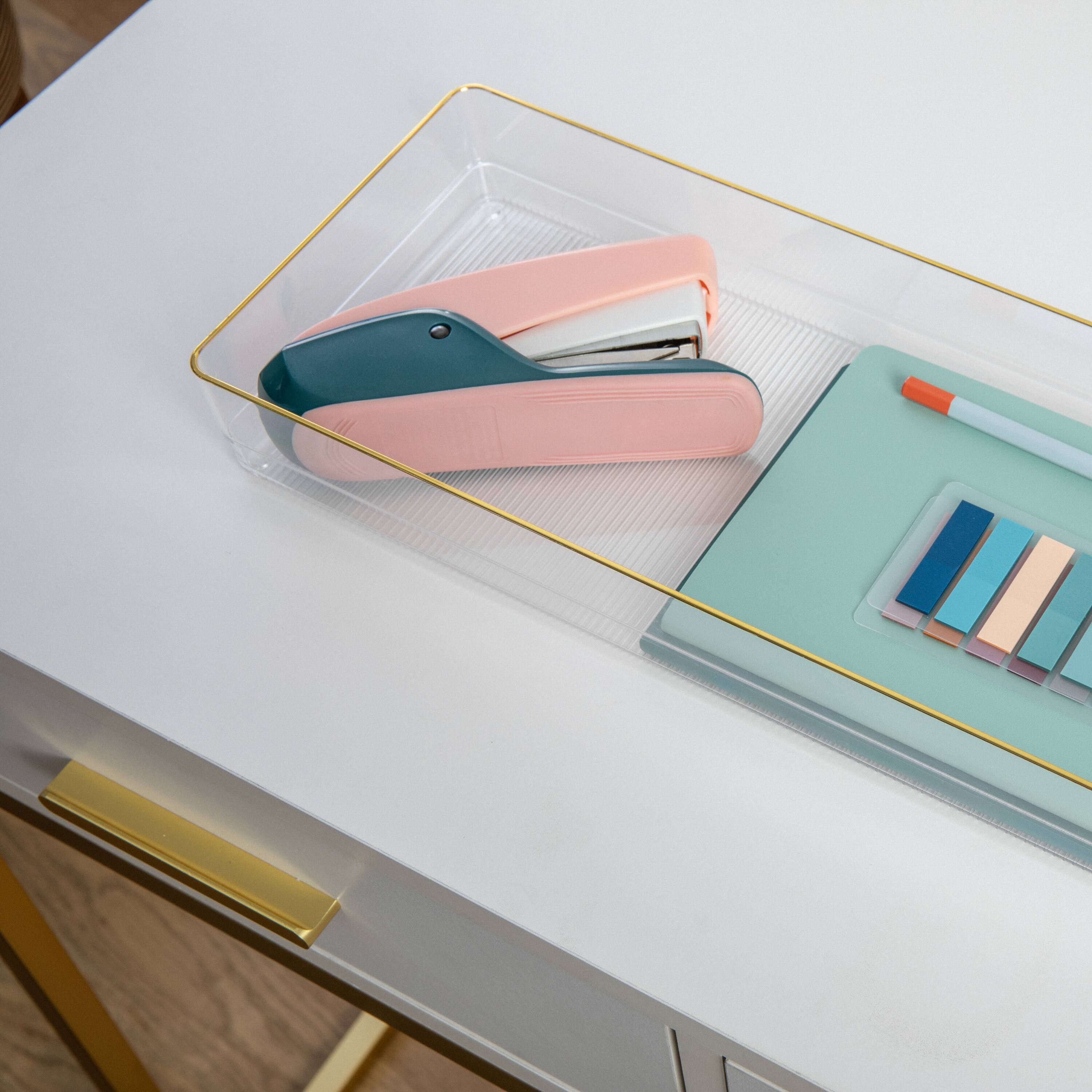 Alt View 11. Martha Stewart - Kerry Set of 2 Plastic Stacking Desk Drawer Organizers with Gold Trim - 15 x 6 - Clear/Gold Trim.