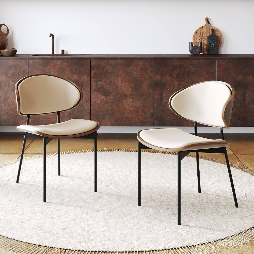 Angle. POVISON - Modern Curved Back Leather Dining Chairs Set of 2, Beige & Walnut Side Chairs, Fully Assembled - Beige & Walnut.