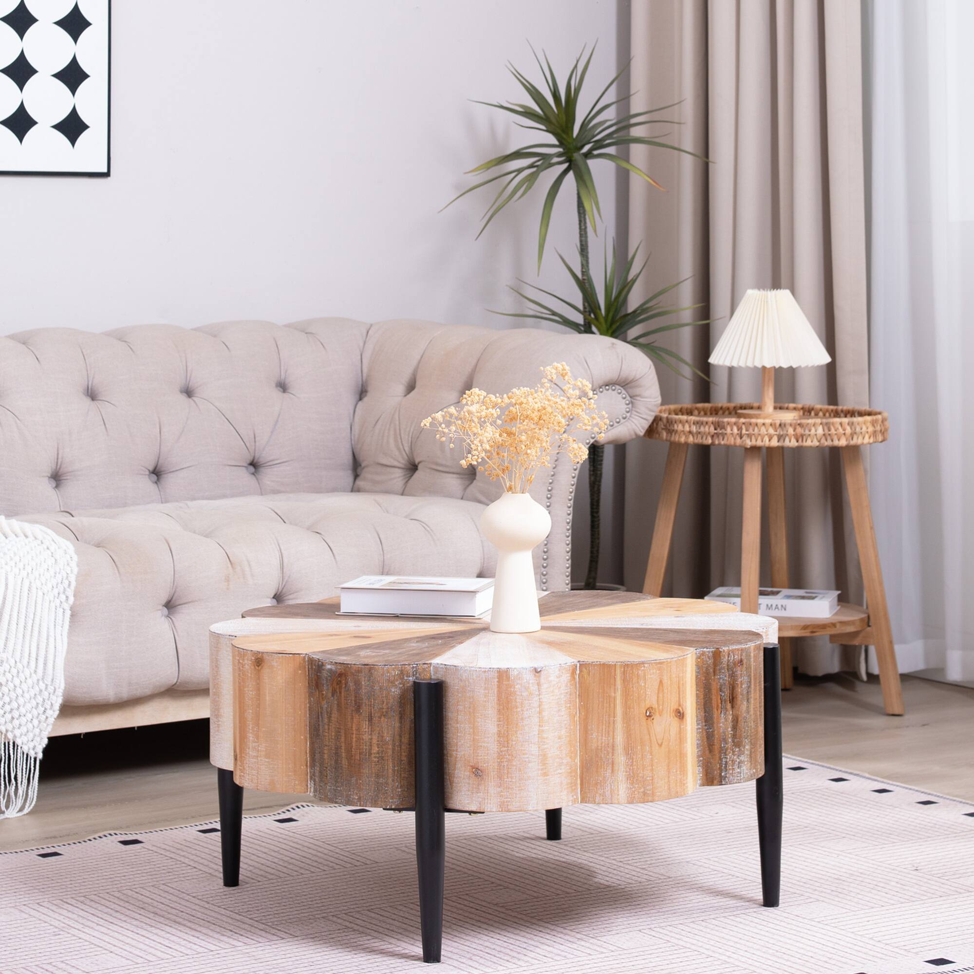 Back. GOODSILO - Vintage Distressed Flower-Shaped Coffee Table with Sturdy Metal Legs for Living Room Decor - Multicolor.