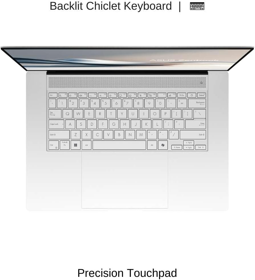 Backlit Chiclet Keyboard | ASUS Zenbook - N 3 R i n d i A . d . - 1 H 4 19 20 FE 4 PerSle Diler - I a 2 F 3 I 4 S 5 6 & 7 8 9 I O - Bockpore A Q W E R T Y U I O P I 1 / Cop Losk A S D F G H J K L 1 Ente Z X C V B N M 7 / Sde CM 2 Aa AN Precision Touchpad