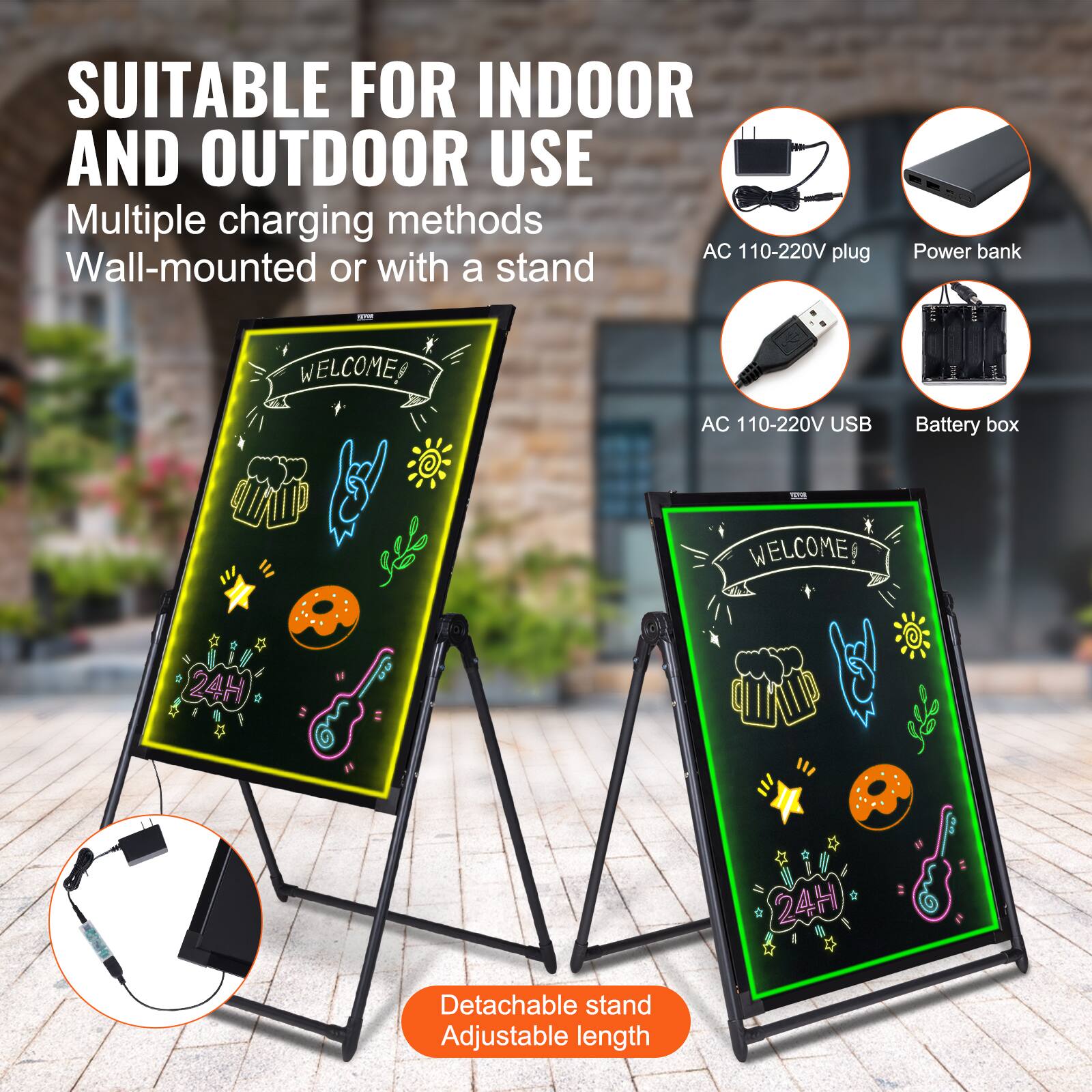 SUITABLE FOR INDOOR AND OUTDOOR USE  
Multiple charging methods  
Wall-mounted or with a stand  

AC 110-220V plug  
Power bank  

AC 110-220V USB  
Battery box  

Detachable stand  
Adjustable length