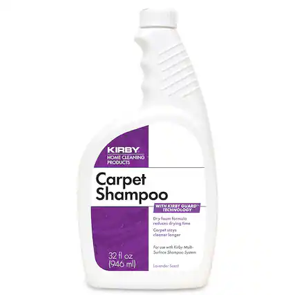 KIRBY HOME CLEANING PRODUCTS
Carpet Shampoo
WITH KIRBY GUARD TECHNOLOGY
Dry foam formula reduces drying time
Carpet stays cleaner longer
32 fl OZ (946 ml)
For use with Kirby Multi-Surface Shampoo System
Lavender Scent