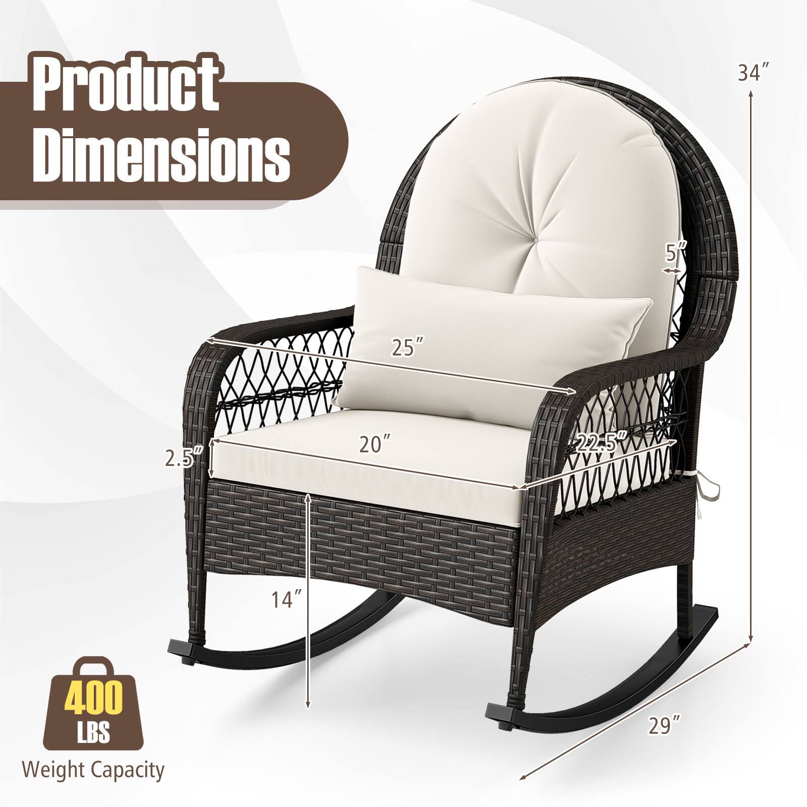 Product Dimensions
34"
56"
25"
2.5"
20"
22.5"
14"
400 LBS Weight Capacity
29"