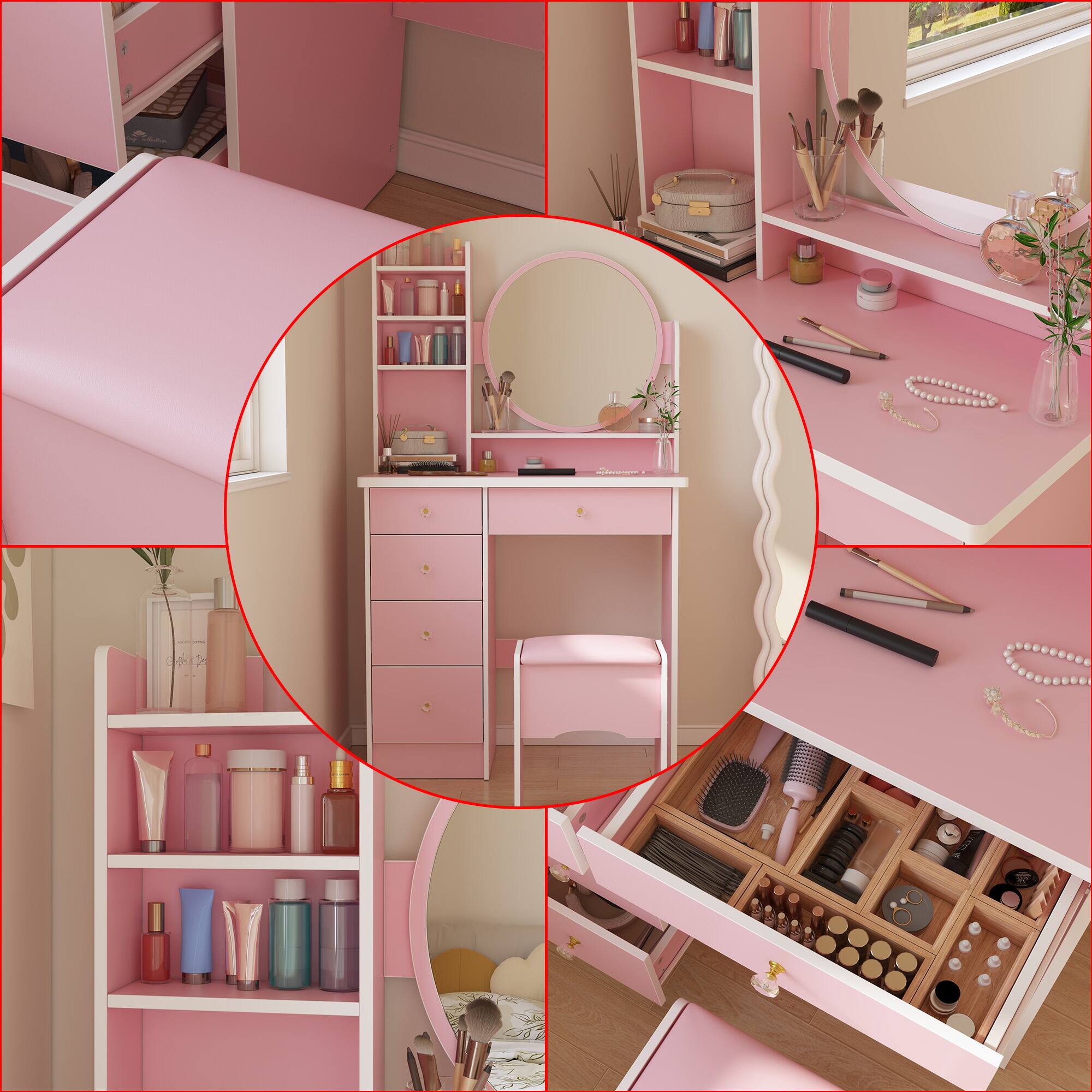Alt View 5. Famapy - Luxury Vanity Table & Dresser Set: Premium Makeup Organizer with Stool - Pink.