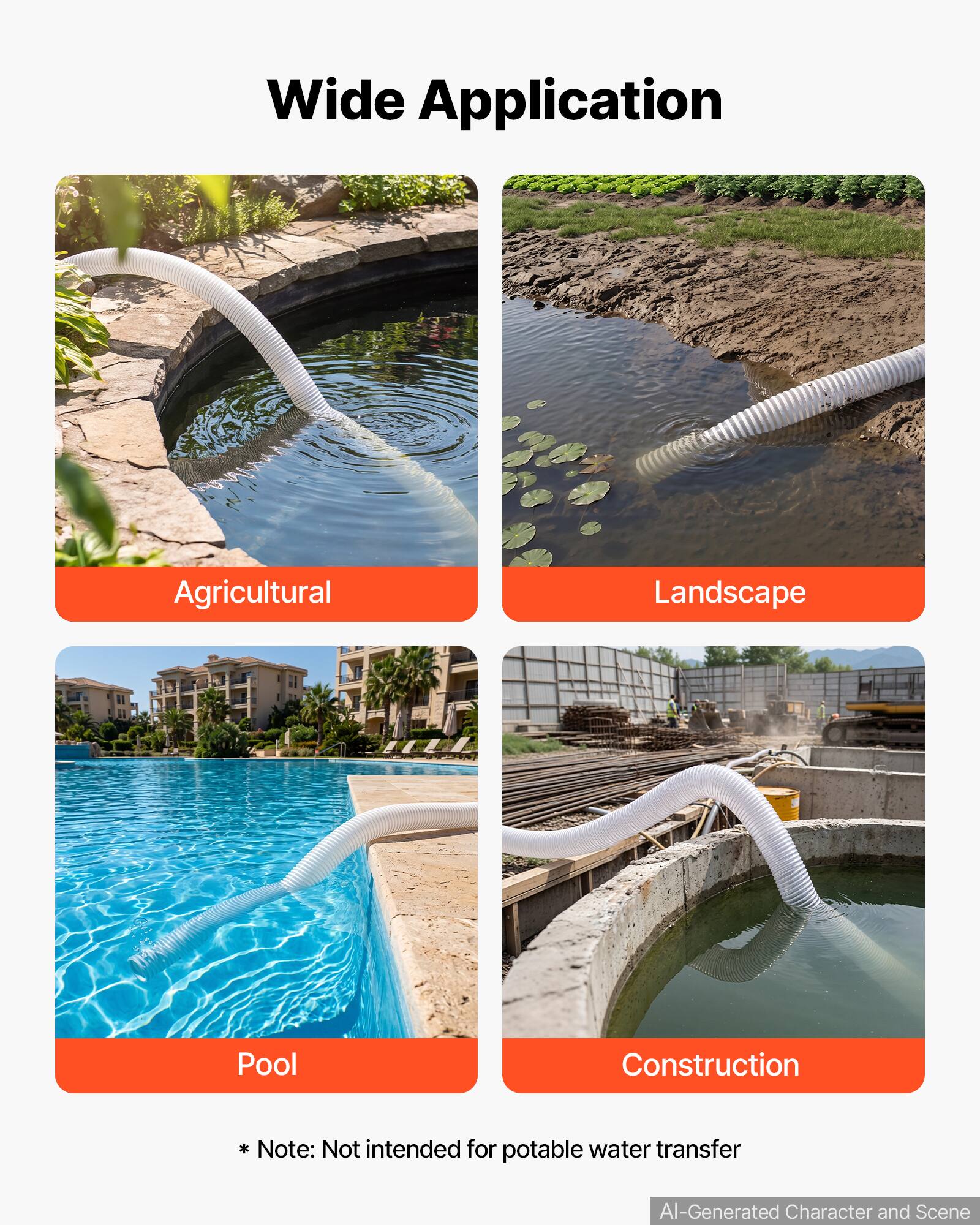 Wide Application

Agricultural
Landscape
Pool
Construction

*Note: Not intended for potable water transfer

AI-Generated Character and Scene