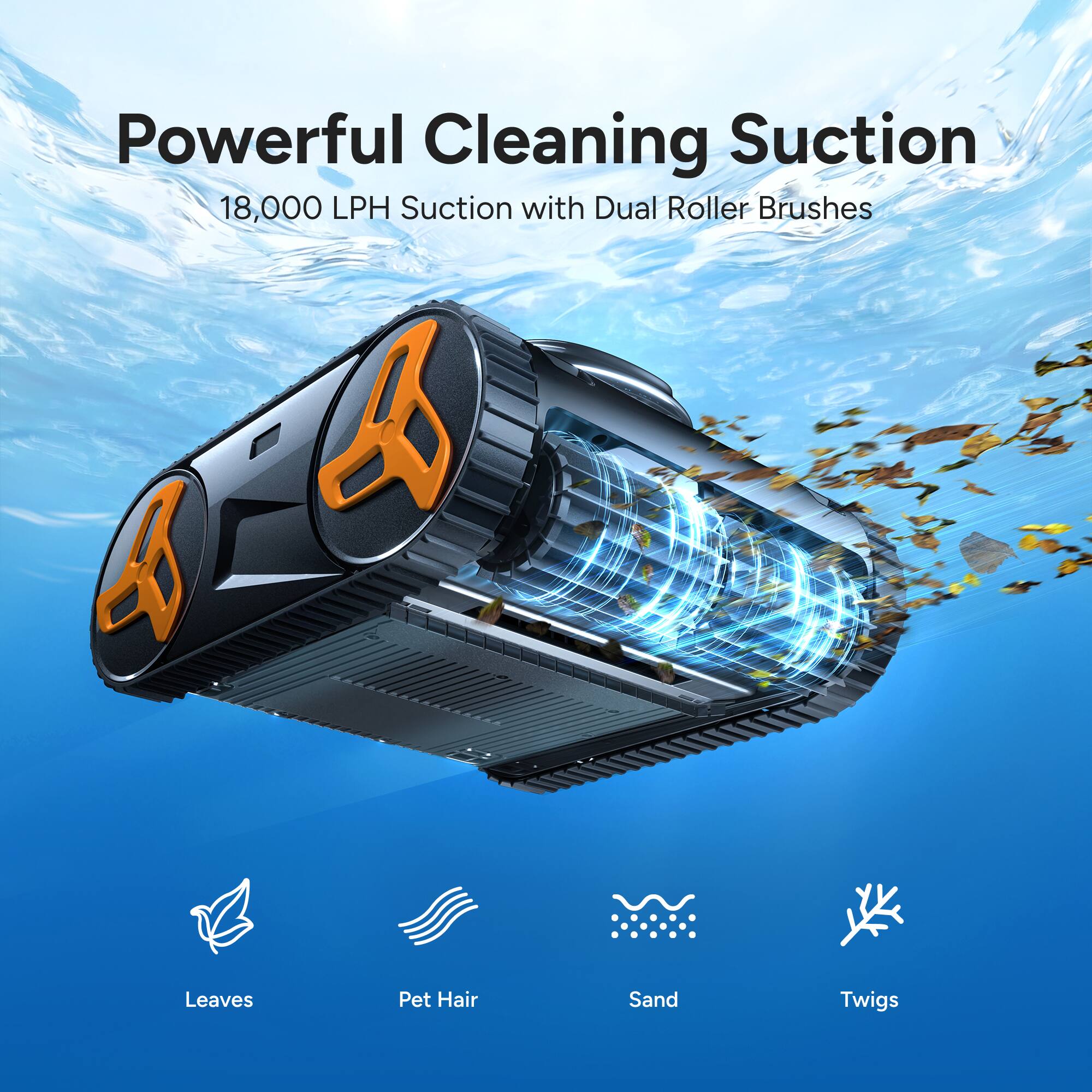 Powerful Cleaning Suction  
18,000 LPH Suction with Dual Roller Brushes  
Leaves Pet Hair Sand Twigs