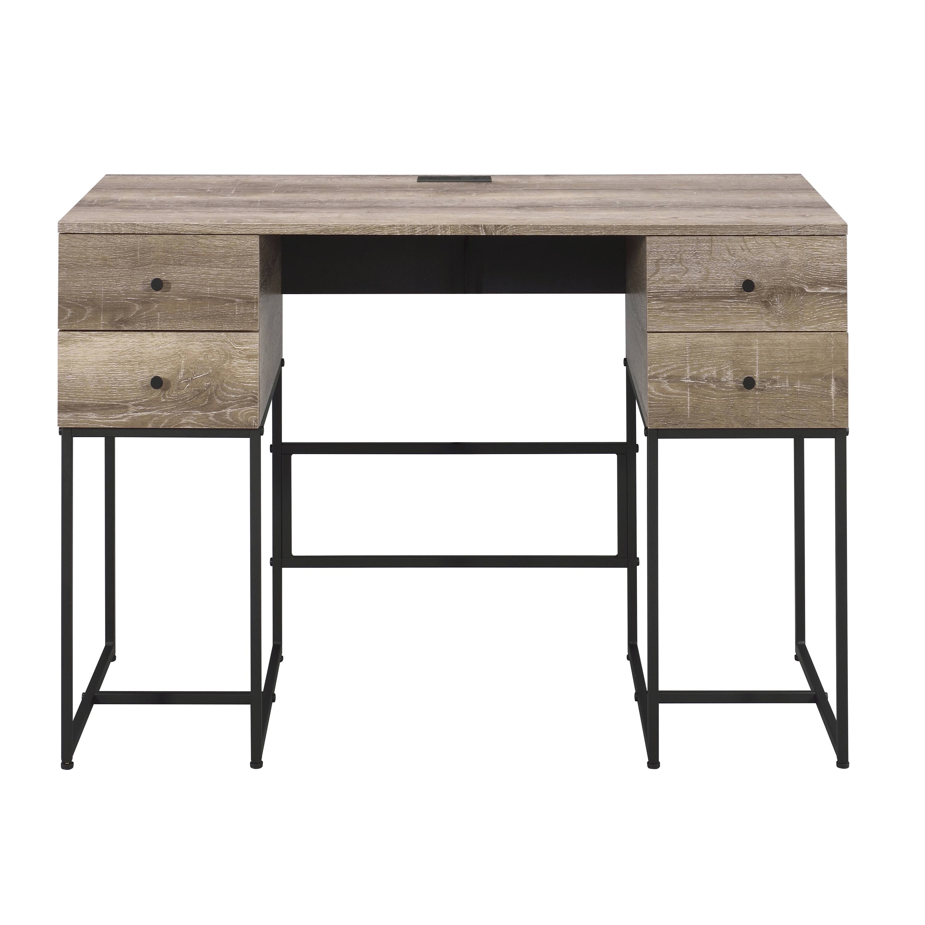 Left. TinyHomie - Rustic Oak and Black 4-drawer Writing Desk - Black and Brown.