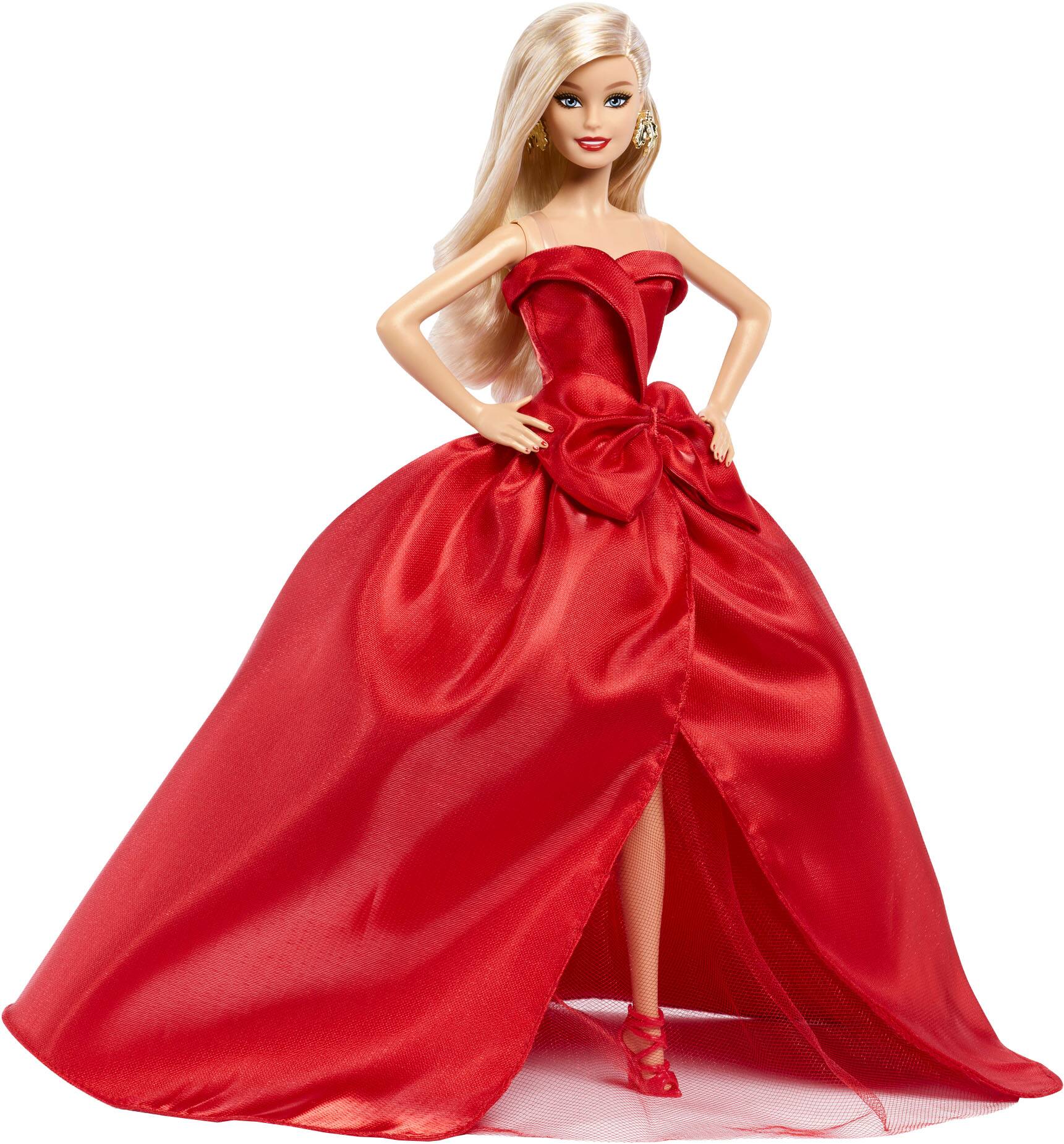 Angle. Mattel - 2026 Collectible Holiday Barbie, Blonde Hair.