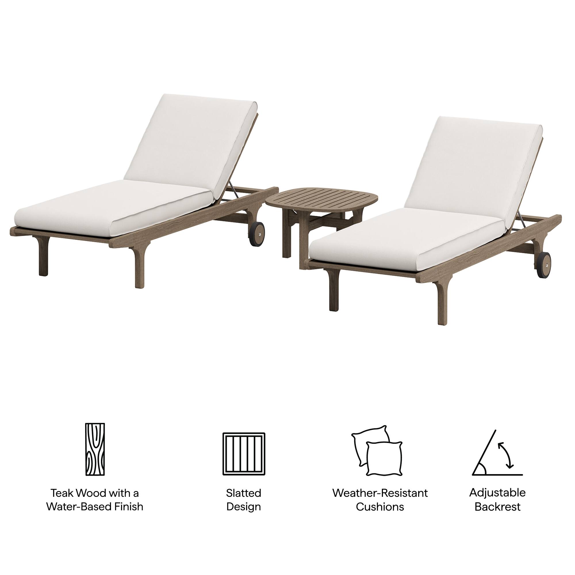 Teak Wood with a Water-Based Finish  
Slatted Design  
Weather-Resistant Cushions  
Adjustable Backrest