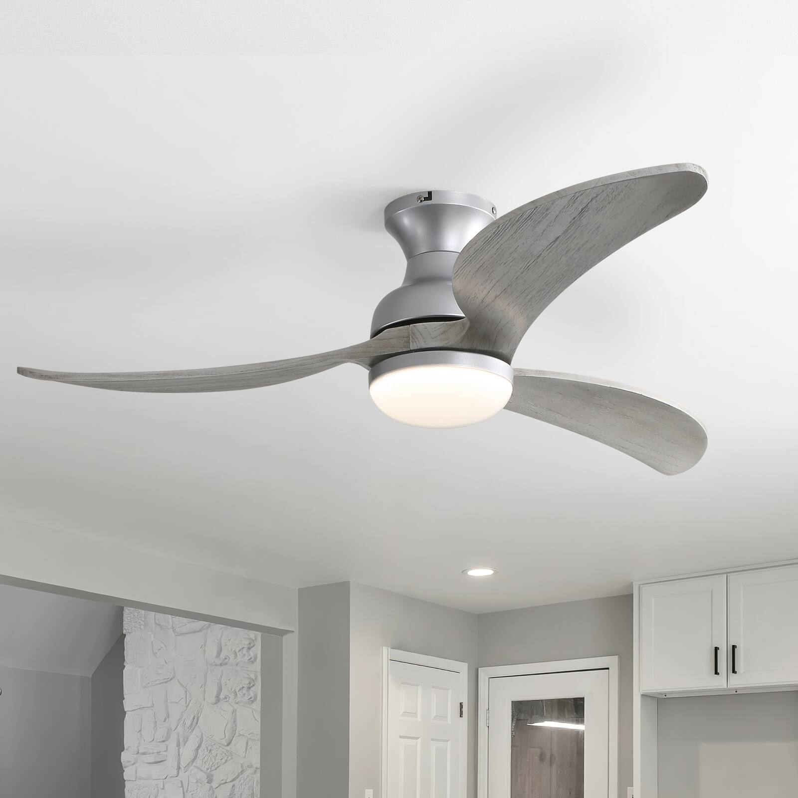 Left. Sofucor - 52 inch Modern Flush Mount Ceiling Fans with Lights and APP/Remote Control Alexa With 3 Solid Wood Blades - Silver.