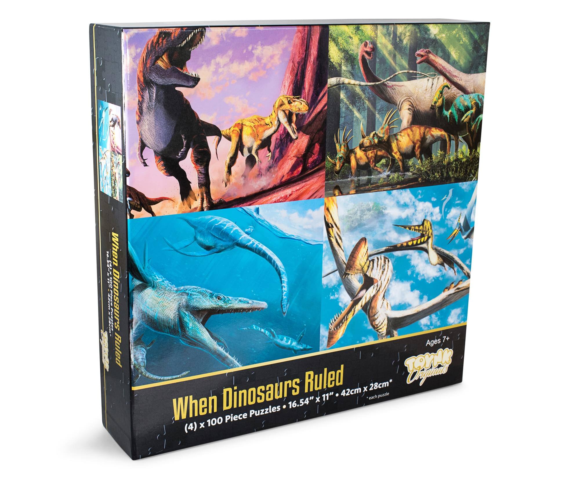 When Dinosaurs Ruled  
Ages 7+  
(4) x 100 Piece Puzzles  
16.54" x 11" (42cm x 28cm) each puzzle
