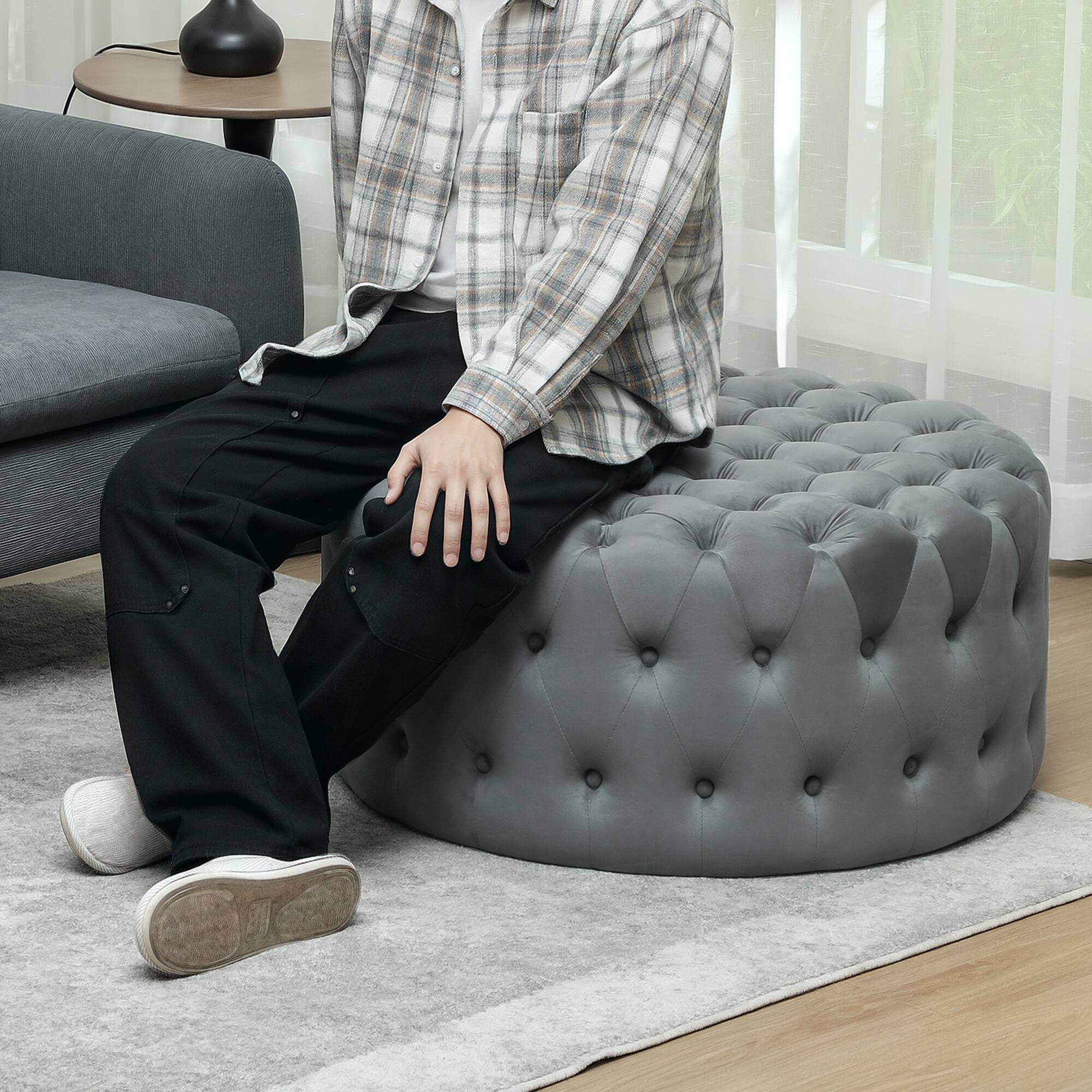 Alt View 9. Homcom - 31.5" Round Ottoman, Large Velvet-Feel Upholstered Foot Stool with Button Tufted Design and Padded Seat for Living Room - Dark Grey.