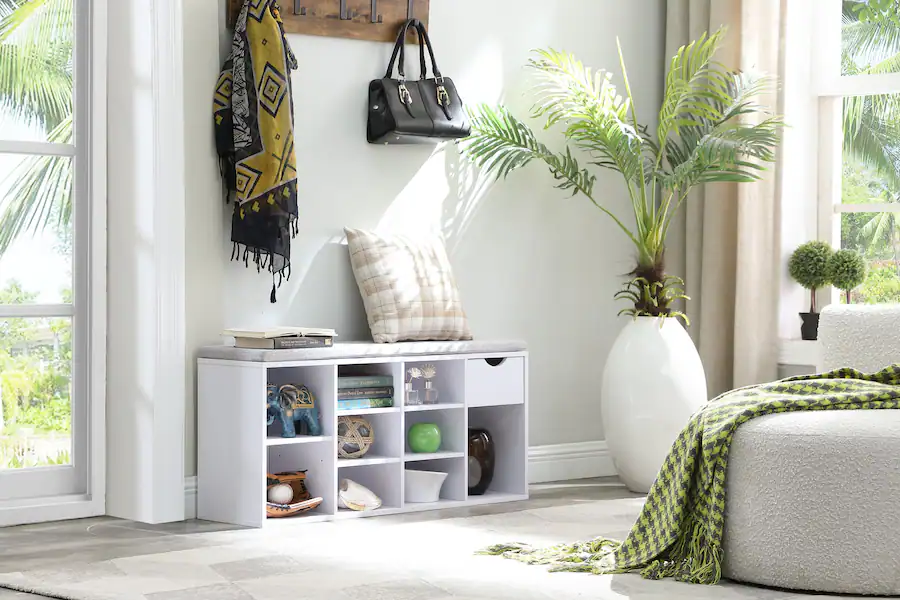 White Entry Bench Ropilly Shoe Bench with Cushion and Drawer Entryway Storage Bench ...