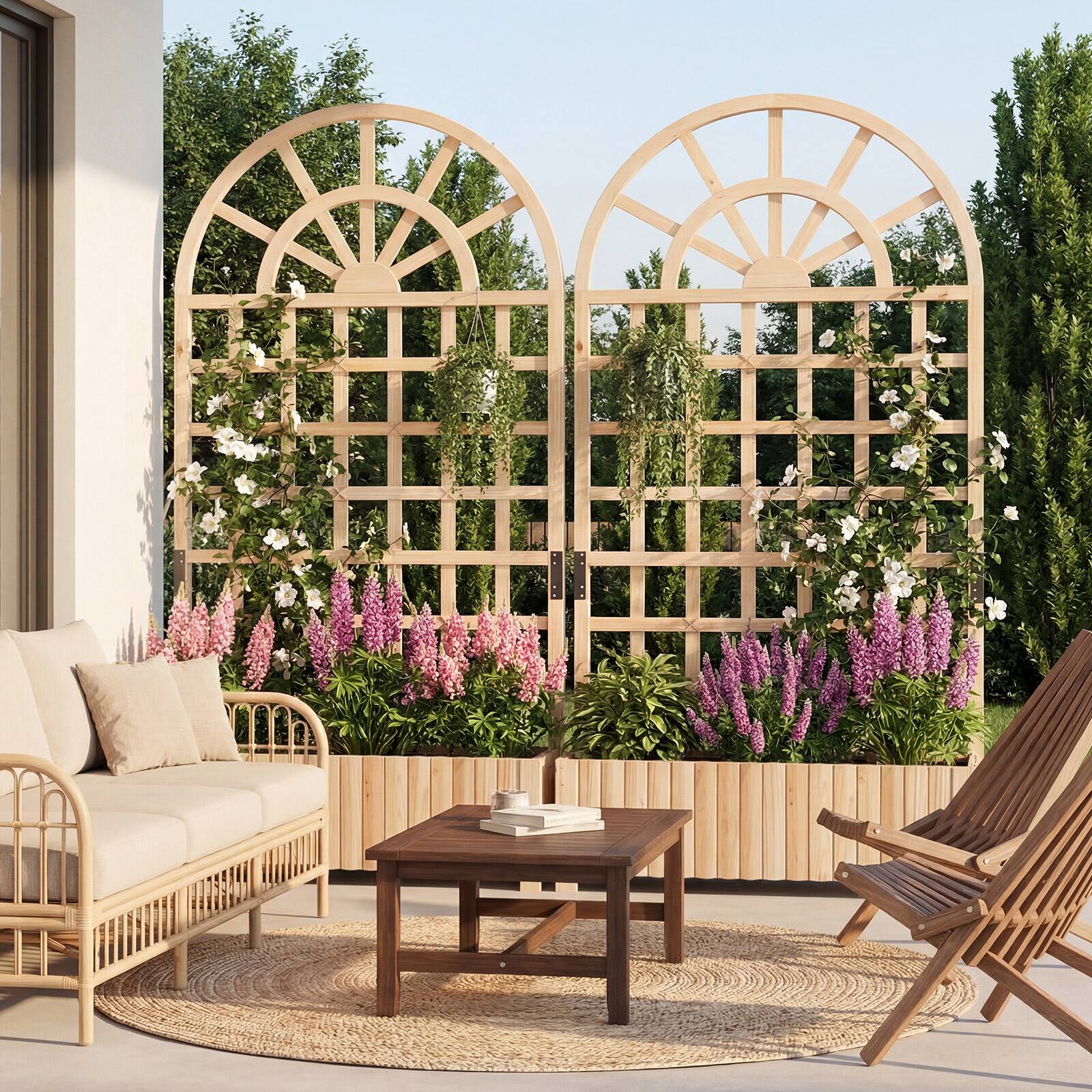 Alt View 1. Costway - Costway 2 PCS 71" Wooden Raised Garden Bed with Trellis, Drainage Holes for Vegetables - Natural.