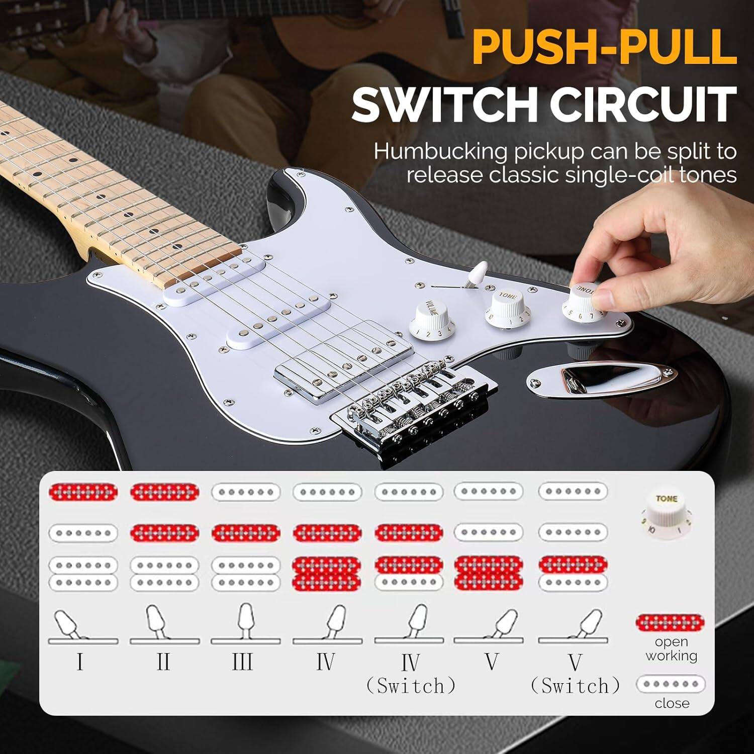 PUSH-PULL SWITCH CIRCUIT  
Humbucking pickup can be split to release classic single-coil tones  

2 3 E F  
TONE I II III A  
open IV IV V V  
(Switch) (Switch)  
working close