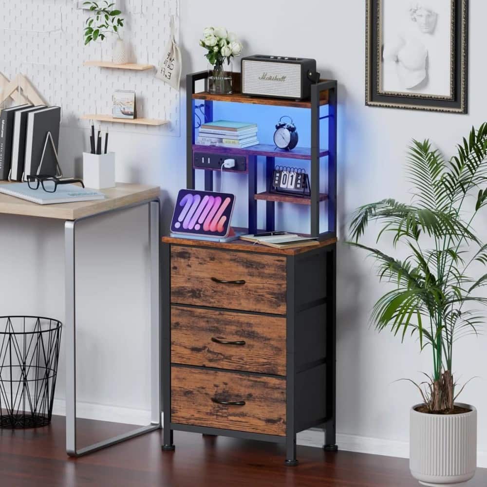 Furnulem - Tall Bedside Table with USB Charging Station and Light Fabric Drawer Nightstand Bookshelf for Small Space Bedroom Dorm - Brown