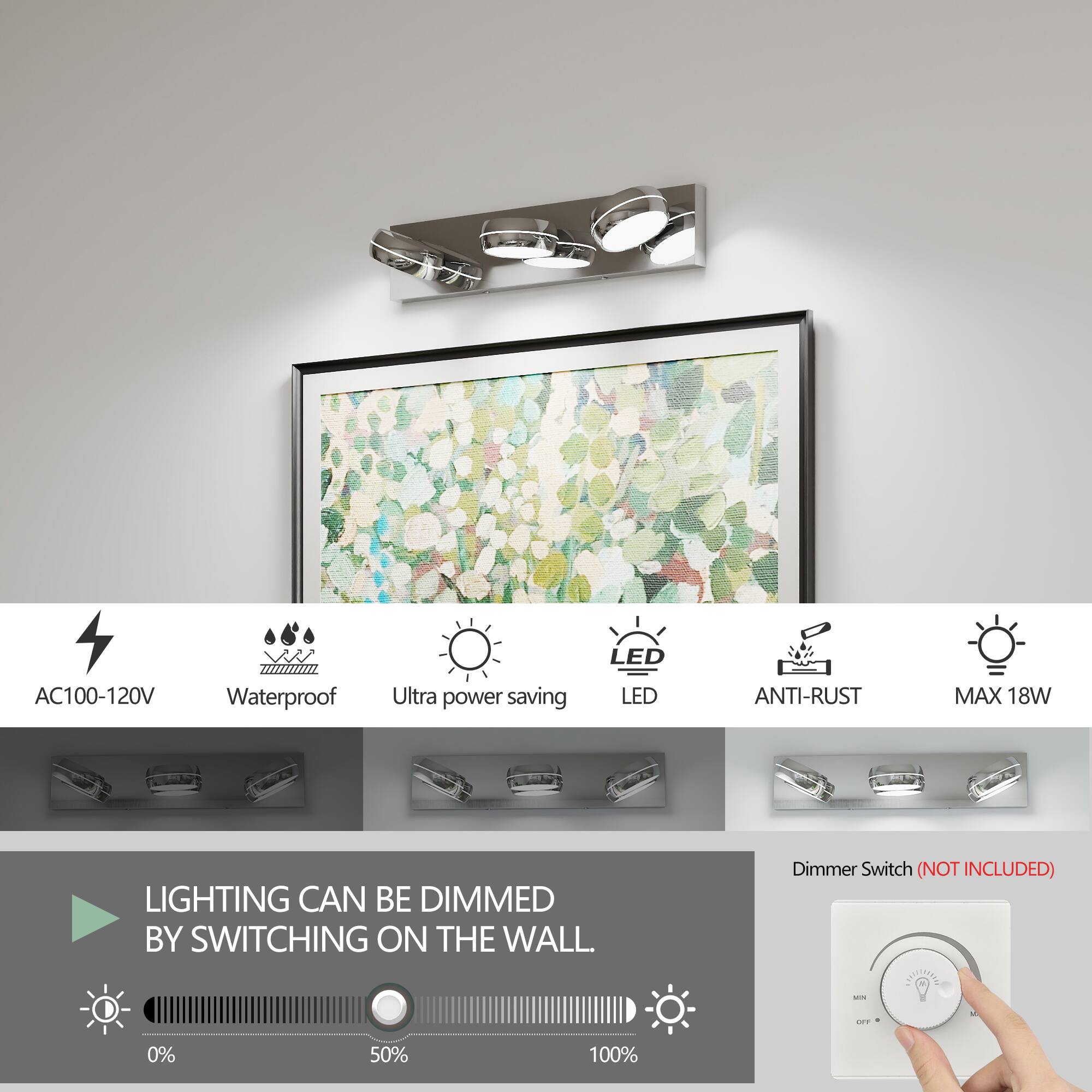 AC100-120V  
Waterproof  
Ultra power saving  
LED  
ANTI-RUST  
MAX 18W  

LIGHTING CAN BE DIMMED BY SWITCHING ON THE WALL.  

Dimmer Switch (NOT INCLUDED)  

0% 50% 100%