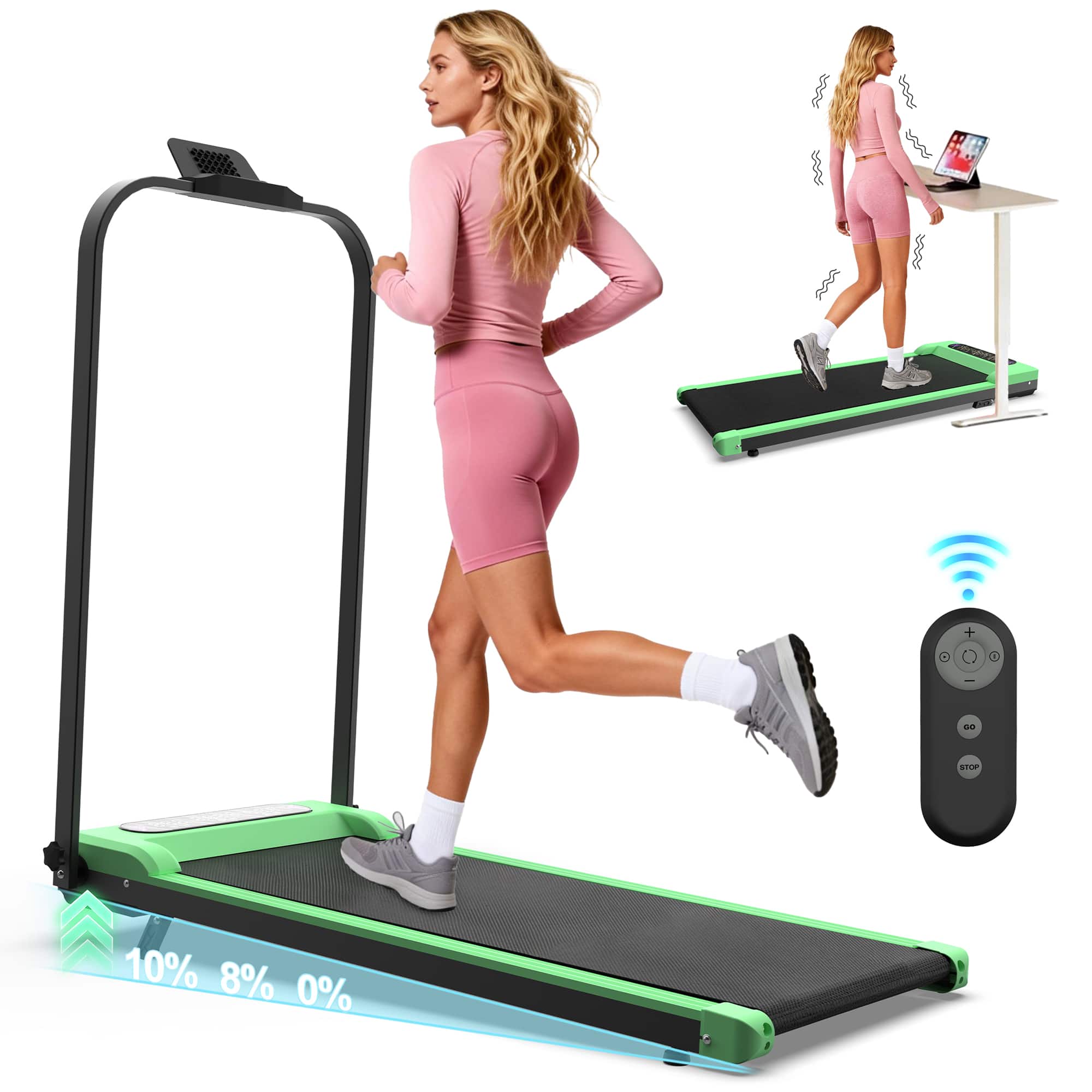 Anysun - Foldable 2-in-1 Treadmill with Incline - Under Desk Walking Pad & Vibration Pad, Remote Control for Home & Office - Green