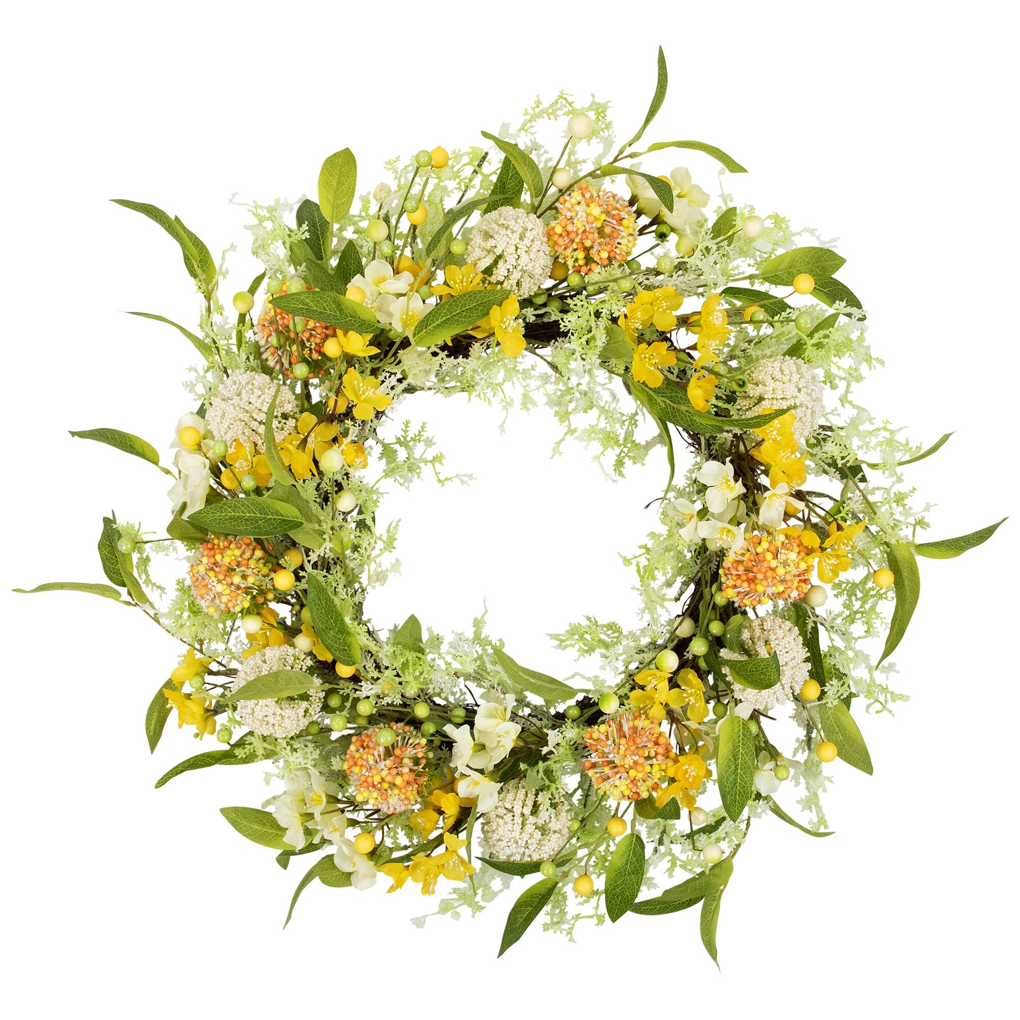 Front. Northlight - Wild Flower, Berry and Statice Floral Spring Wreath - 26" - Yellow and Orange - Yellow.