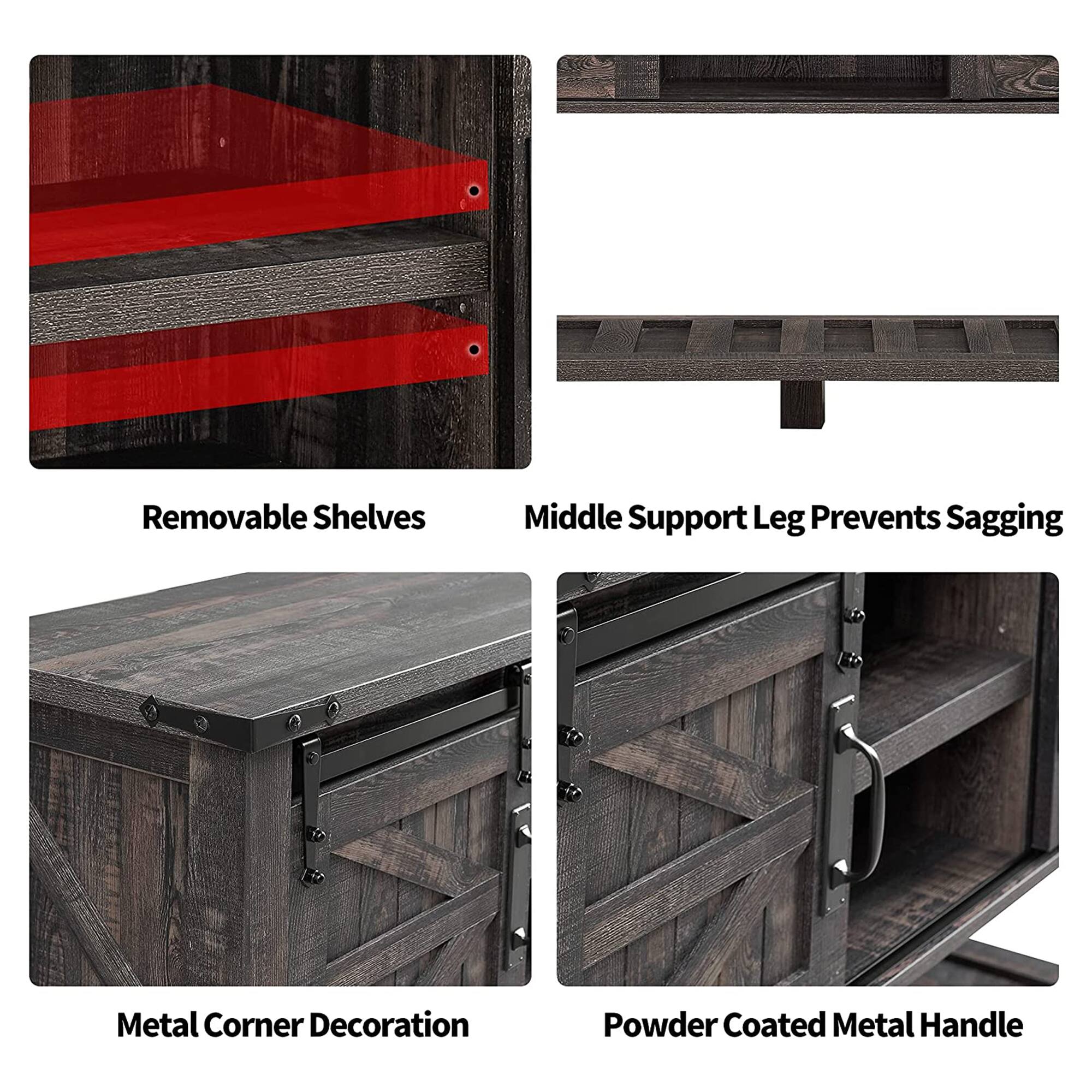 - Removable Shelves
- Middle Support Leg Prevents Sagging
- Metal Corner Decoration
- Powder Coated Metal Handle