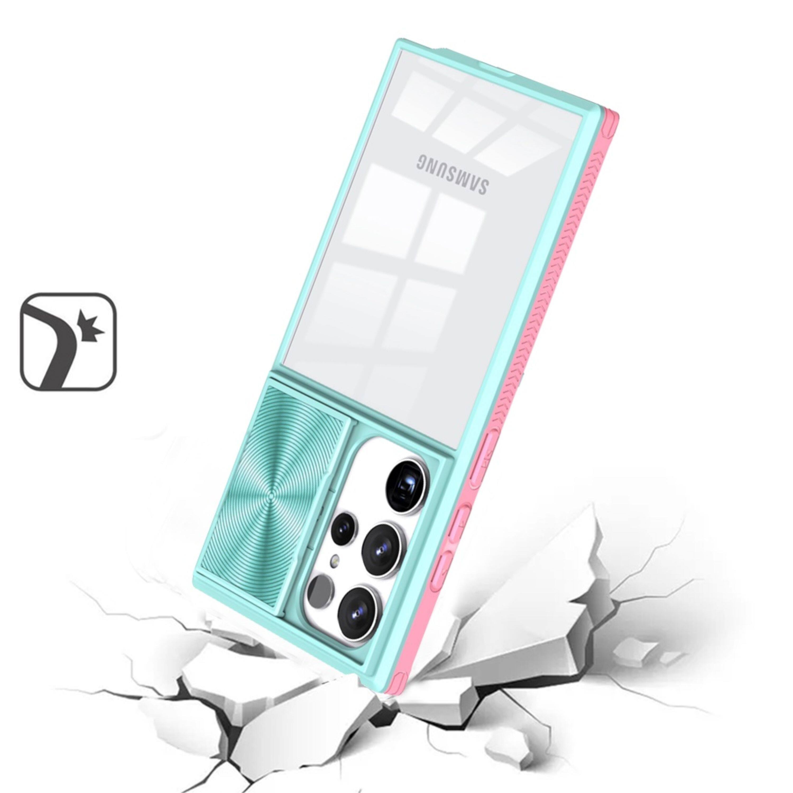 Left. Kitcheniva - Rugged Hybrid Clear Back Camera Lens Sliding Phone Case For Samsung Galaxy S24 Pink/Blue - Pink/Blue.