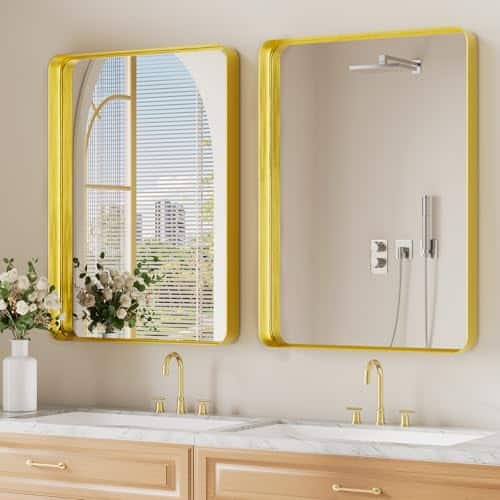 Cedar Assembly - Bathroom Mirror For Wall Matte Metal Deep Framed Rounded Corner Shatterproof Tempered Glass Farmhouse Bed - Gold-36"L x 55"W