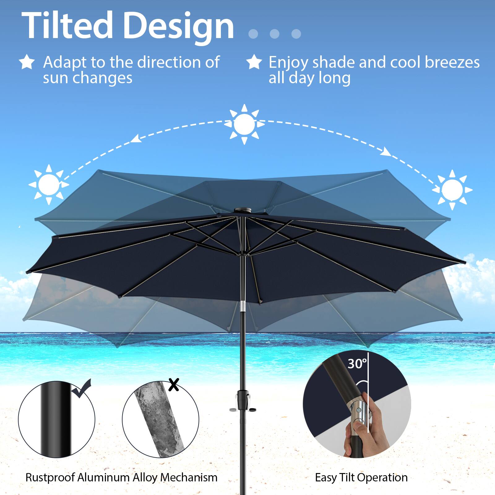 Tilted Design Adapt to the direction of sun changes all day long X 30 Rustproof Aluminum Alloy Mechanism Easy Tilt Operation