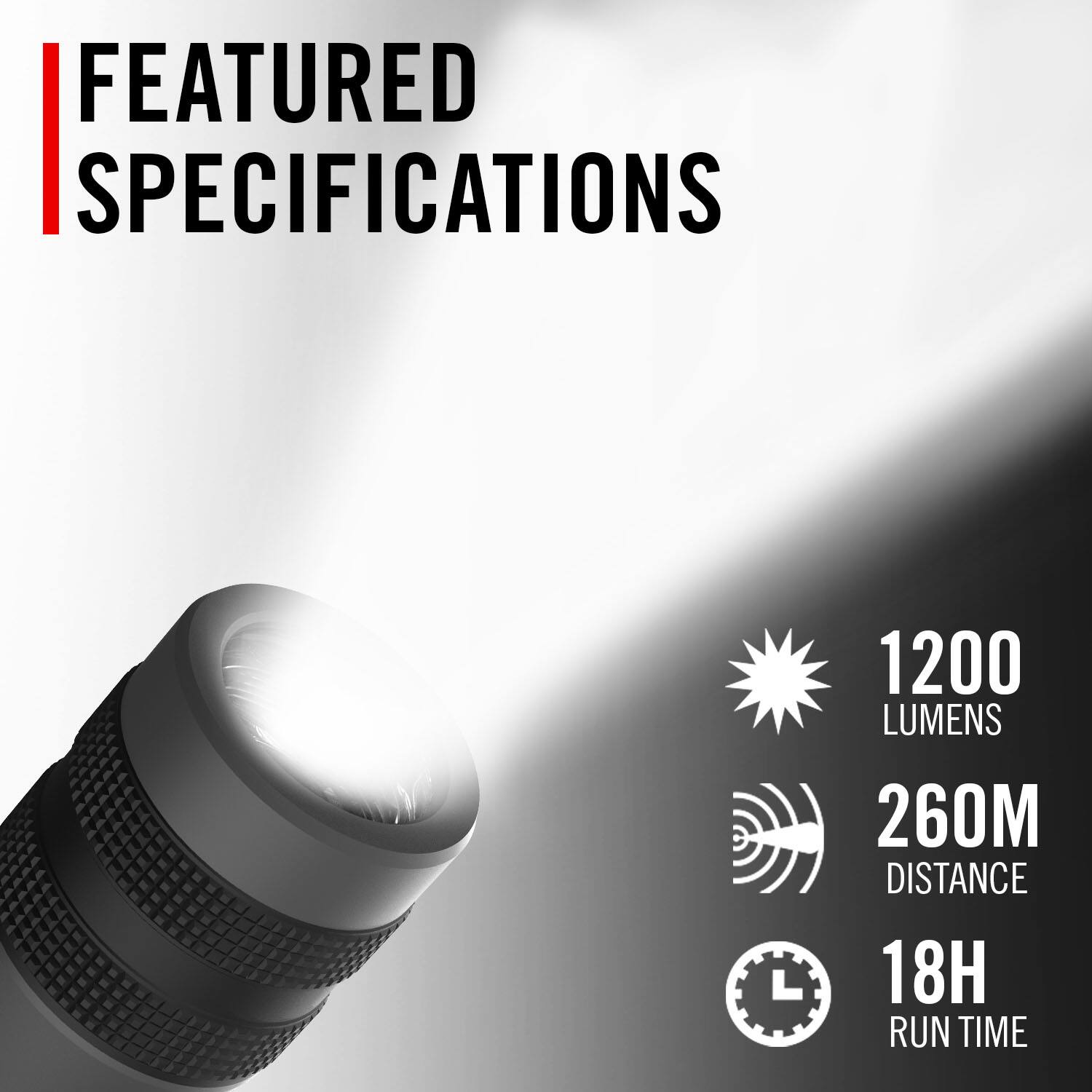 FEATURED SPECIFICATIONS

- 1200 LUMENS
- 260M DISTANCE
- 18H RUN TIME