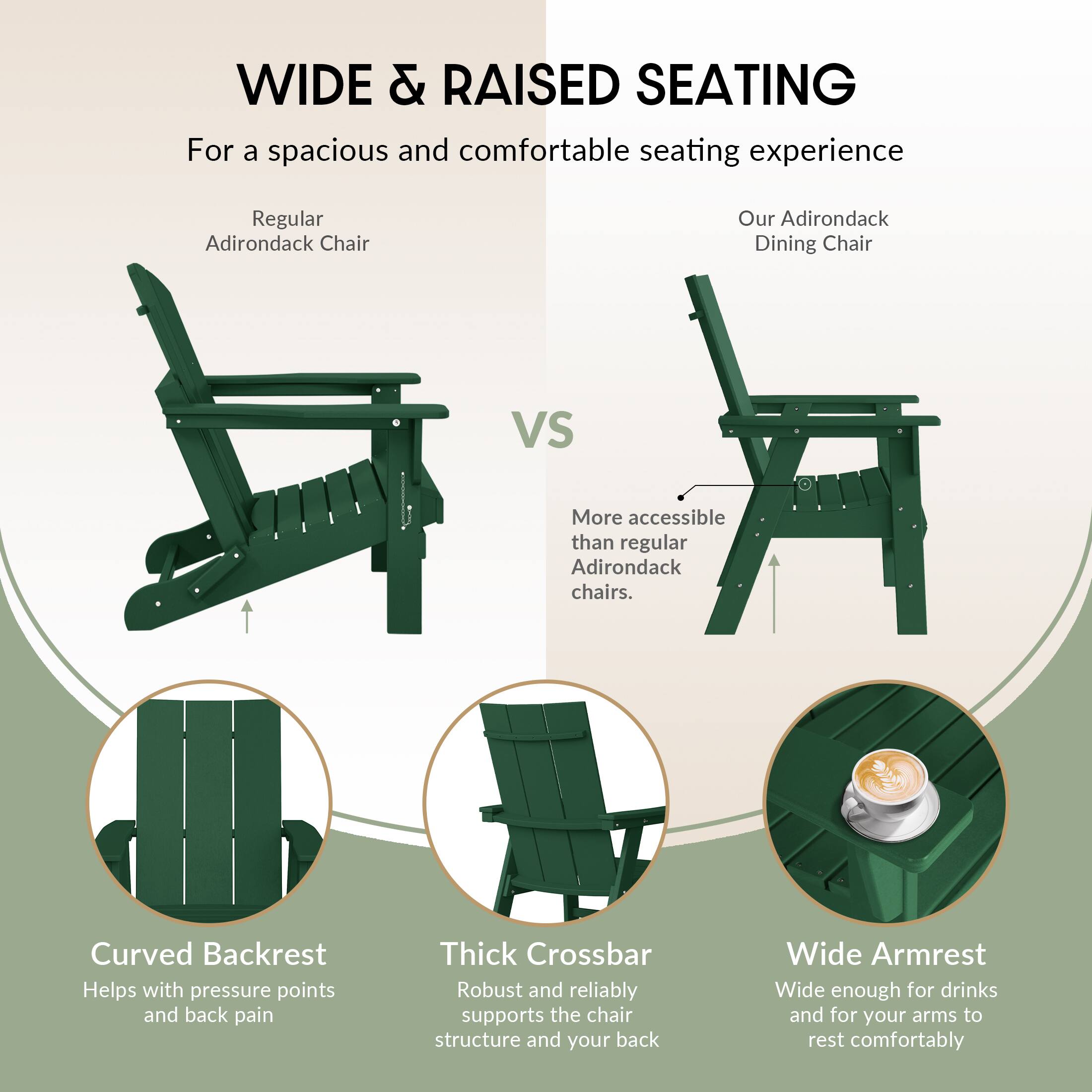 WIDE & RAISED SEATING  
For a spacious and comfortable seating experience

Regular Adirondack Chair  
VS  
Our Adirondack Dining Chair  
More accessible than regular Adirondack chairs.

- Curved Backrest  
  Helps with pressure points and back pain

- Thick Crossbar  
  Robust and reliably supports the chair structure and your back

- Wide Armrest  
  Wide enough for drinks and for your arms to rest comfortably