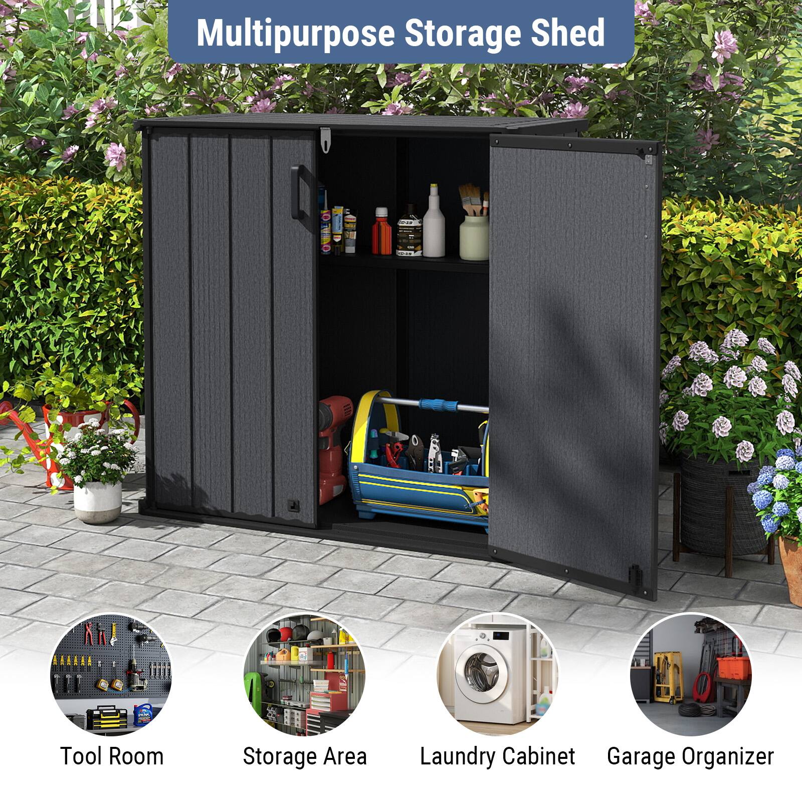 Multipurpose Storage Shed

Tool Room
Storage Area
Laundry Cabinet
Garage Organizer