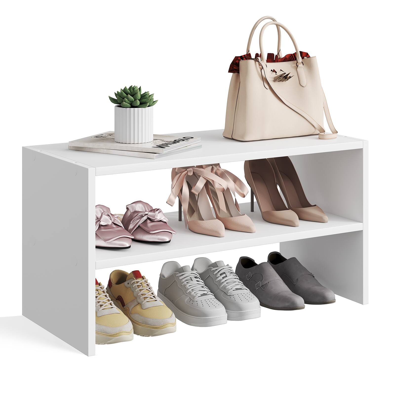 Sweetcrispy 2 Tier Stackable Shoe Rack, 24 in W Wooden Storage Shelves ...