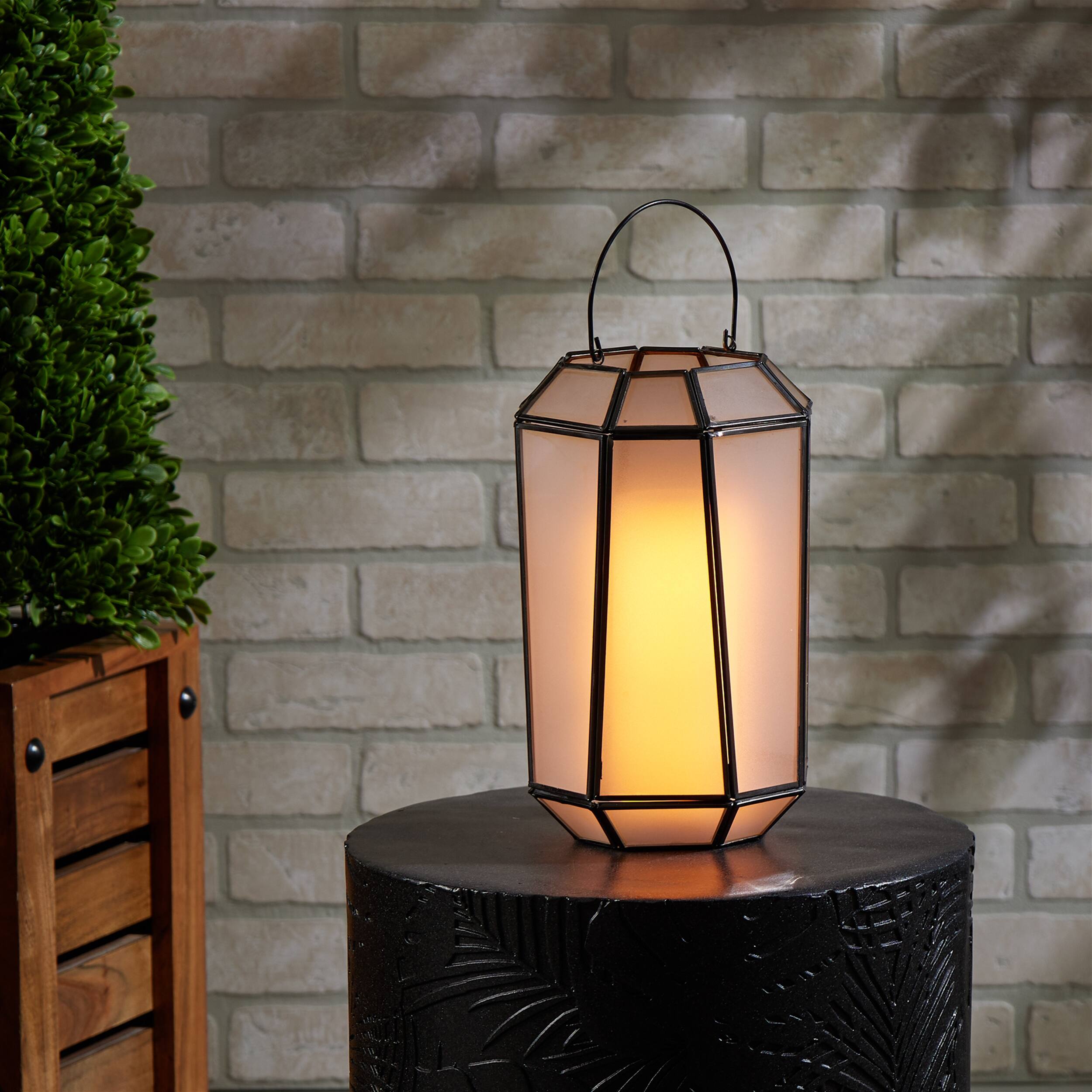 Angle. BreeBe - Frosted Glass Lantern with Handle 10.75"H - Black.