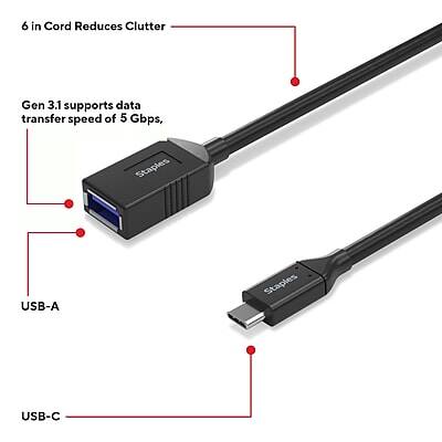 6 in Cord Reduces Clutter

Gen 3.1 supports data transfer speed of 5 Gbps

USB-A

USB-C