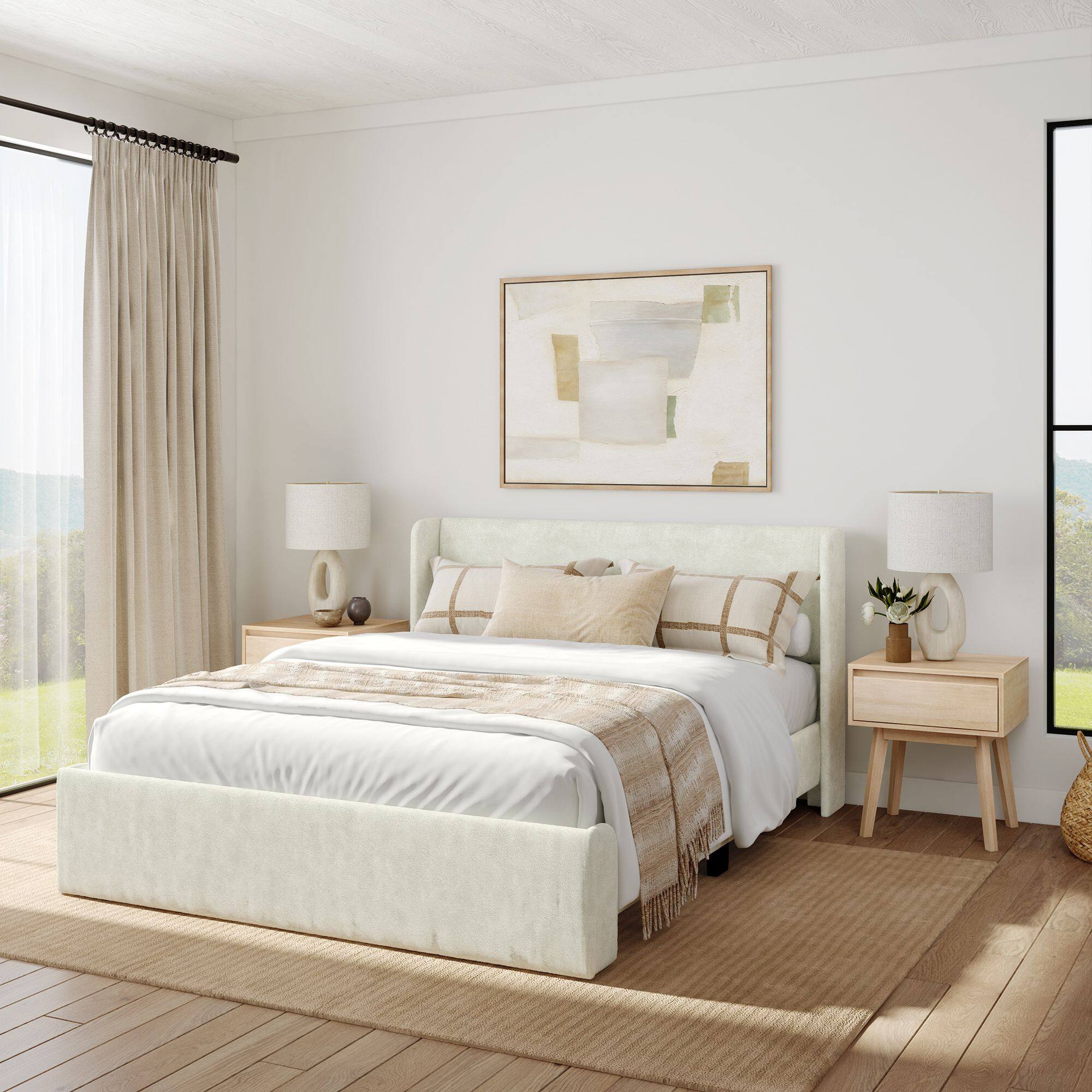 Plank+Beam - Upholstered Bed with Rectangular Headboard (Queen), Cream - Cream
