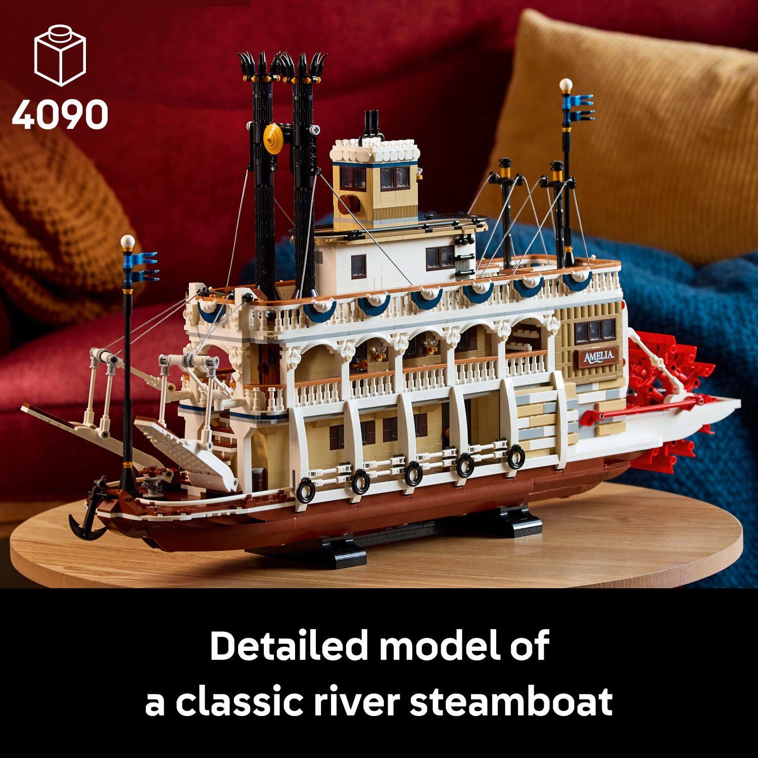 The text on the image reads: "4090 Amelia Detailed model of a classic river steamboat."
