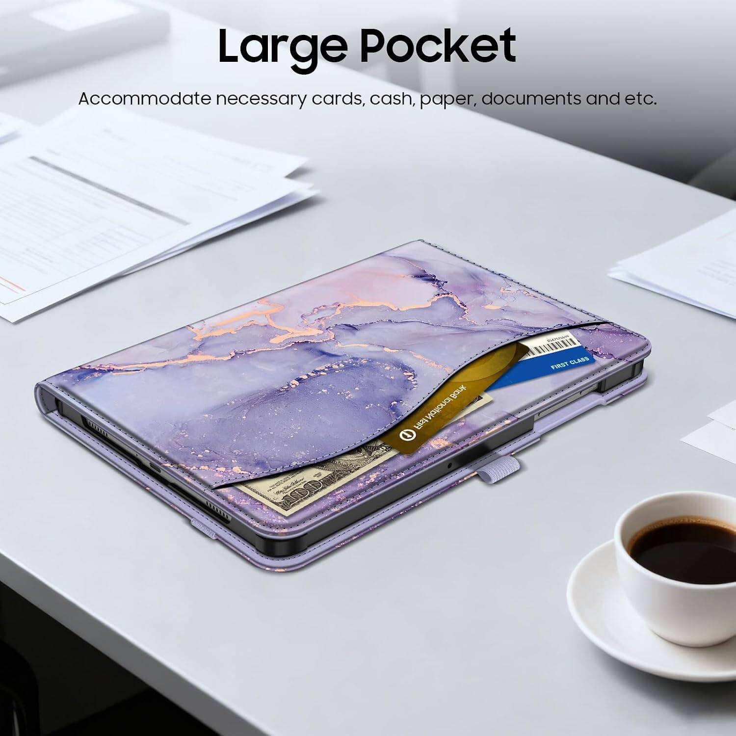 Large Pocket  
Accommodate necessary cards, cash, paper, documents and etc.