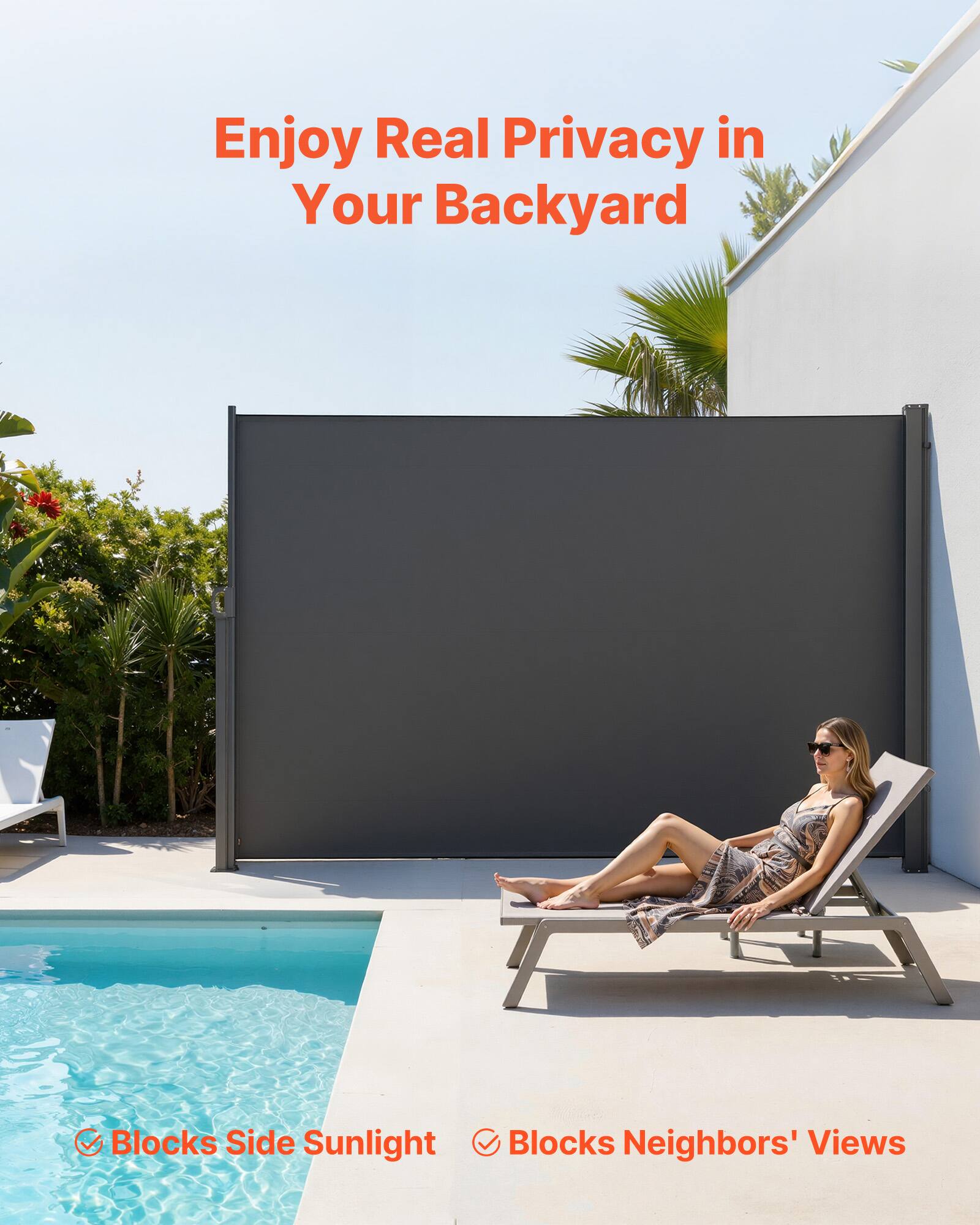Enjoy Real Privacy in Your Backyard  
Blocks Side Sunlight  
Blocks Neighbors' Views