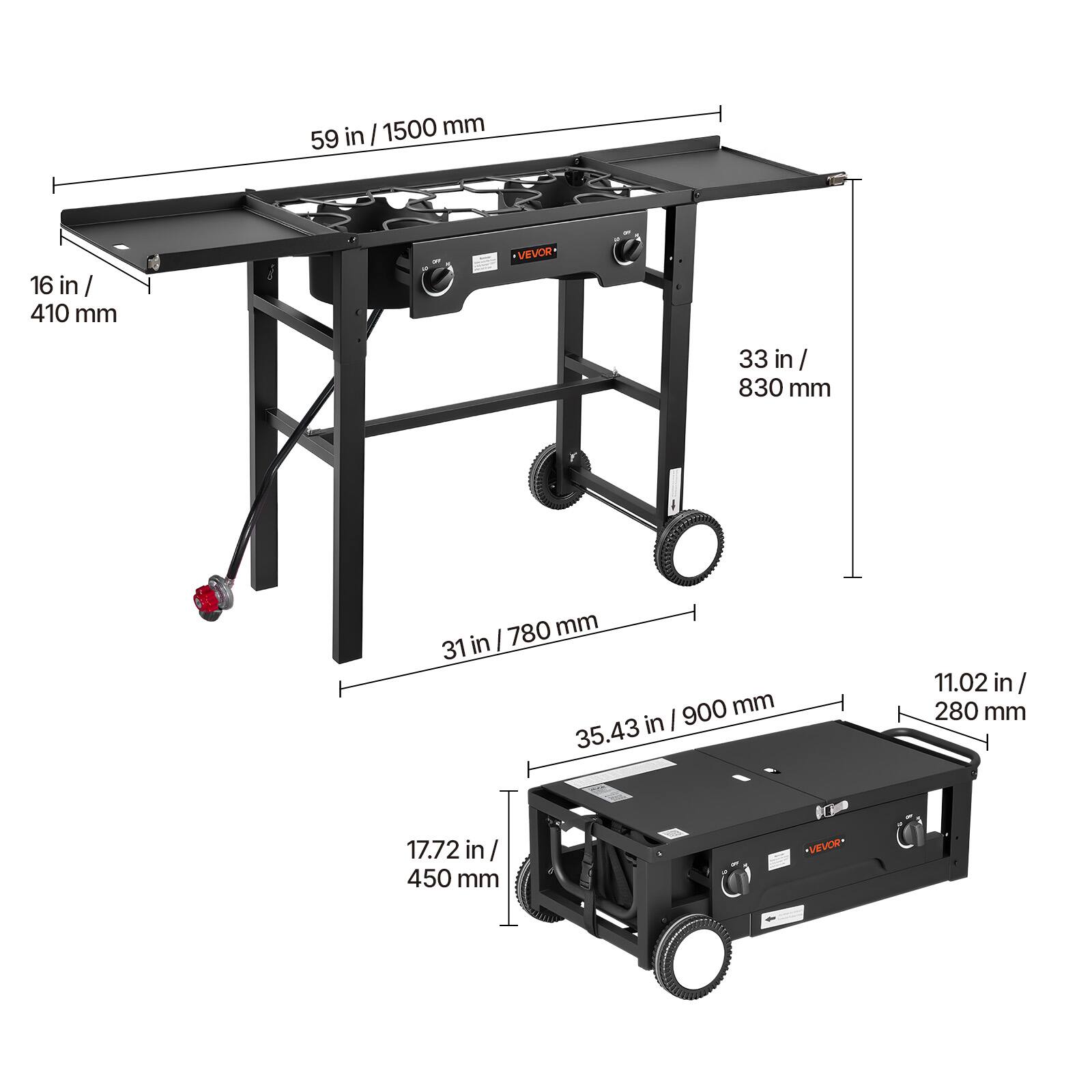 - 59 in / 1500 mm
- 16 in / 410 mm
- 33 in / 830 mm
- 31 in / 780 mm
- 35.43 in / 900 mm
- 11.02 in / 280 mm
- 17.72 in / 450 mm

VEVOR