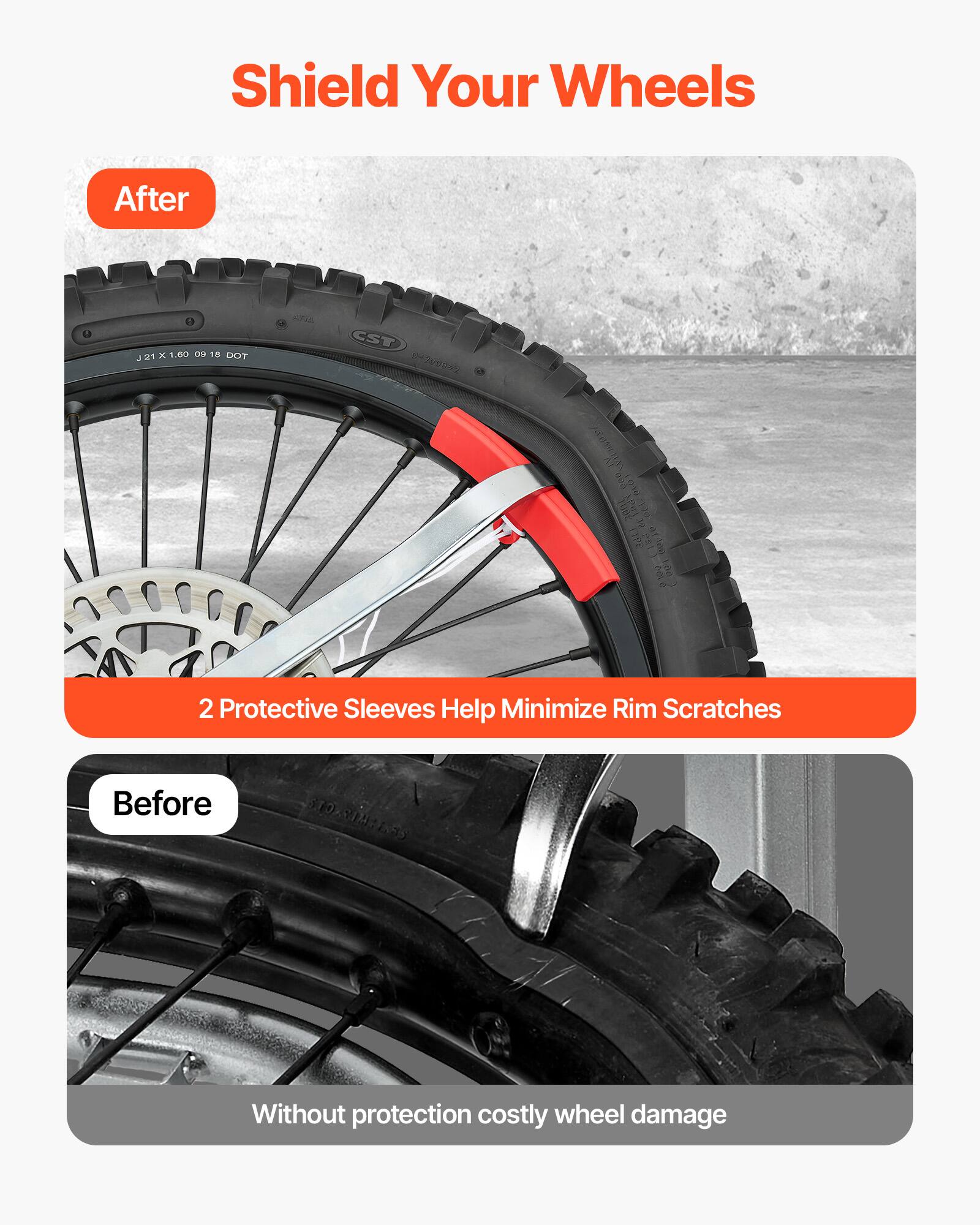Shield Your Wheels

After  
2 Protective Sleeves Help Minimize Rim Scratches

Before  
Without protection costly wheel damage