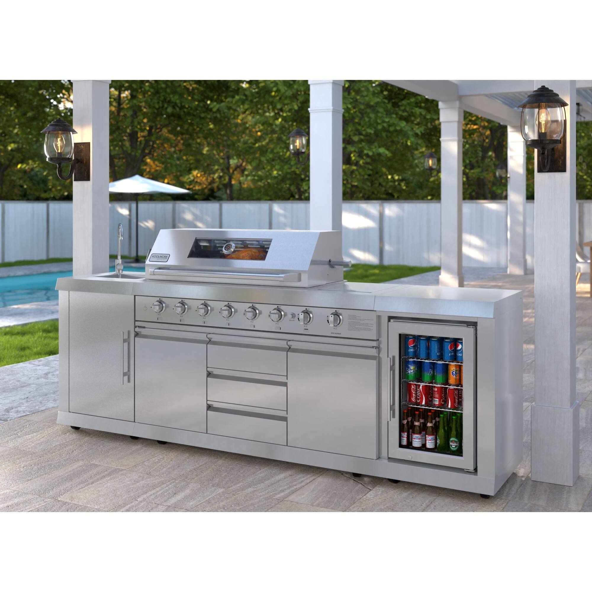 Alt View 1. Koolmore - KoolMore Reserve Outdoor Kitchen Island with 6 Burner Grill and Side Burner, Sink, Storage Cabinet and Refrigerator - Stainless Steel.