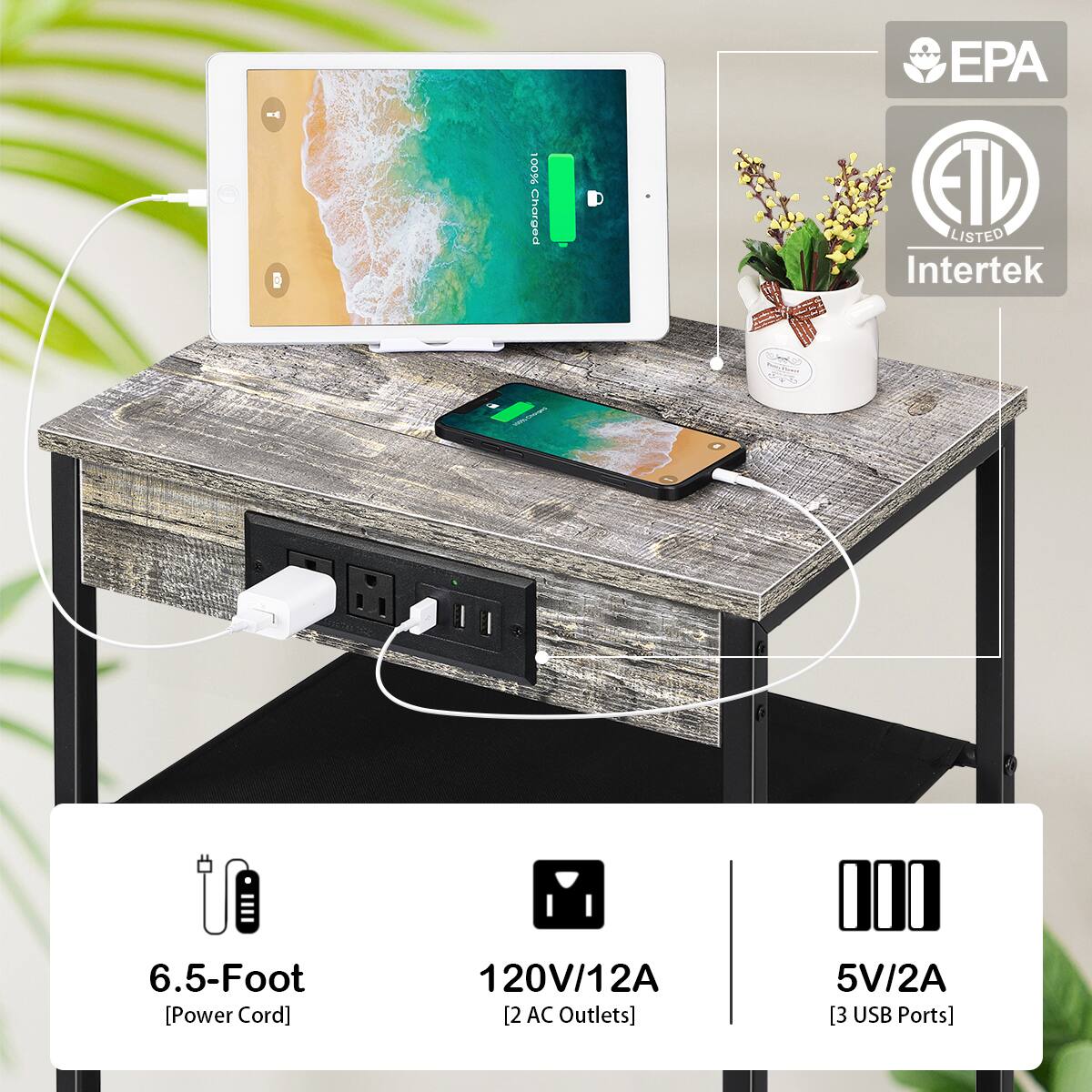 1001 Charged  
EPA ETL LISTED  
Intertek  
6.5-Foot [Power Cord]  
120V/12A [2 AC Outlets]  
5V/2A [3 USB Ports]