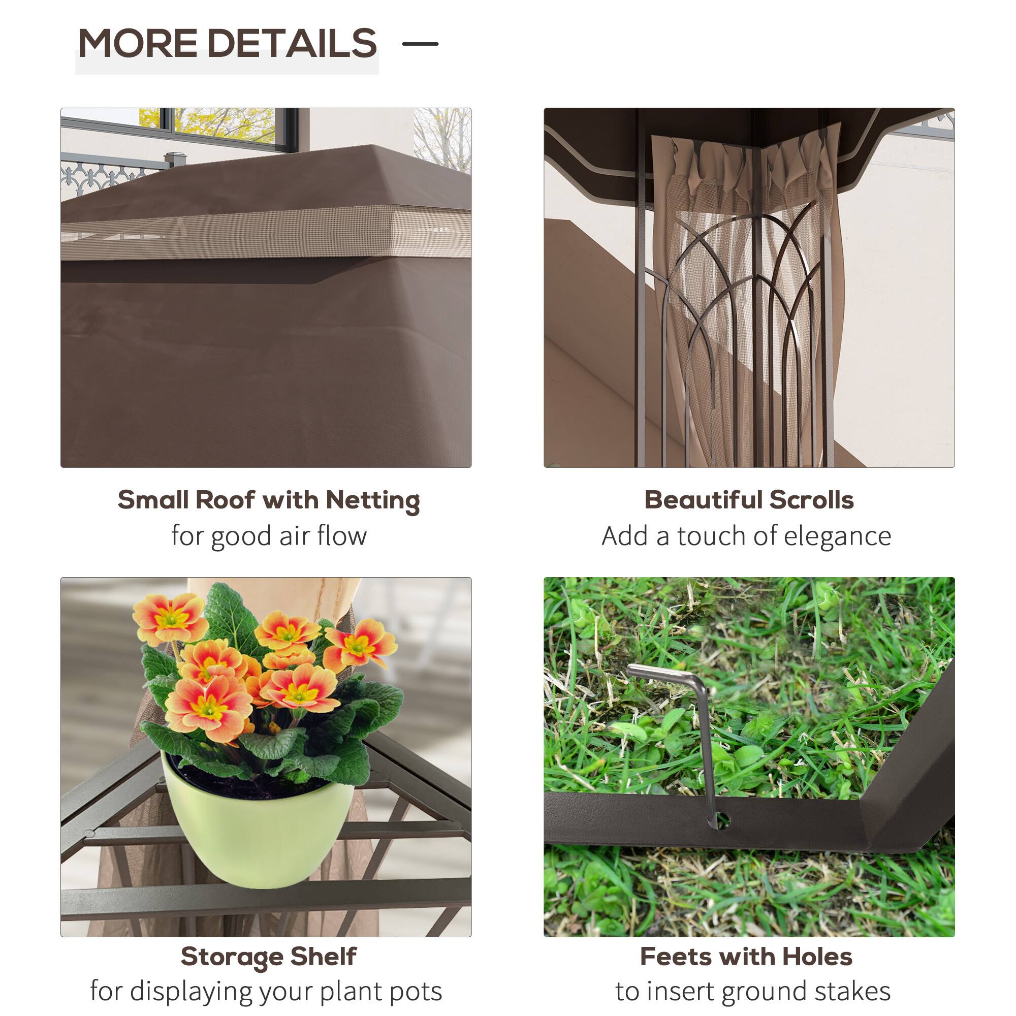MORE DETAILS - Small Roof with Netting for good air flow, Beautiful Scrolls Add a touch of elegance, Storage Shelf for displaying your plant pots, Feets with Holes to insert ground stakes