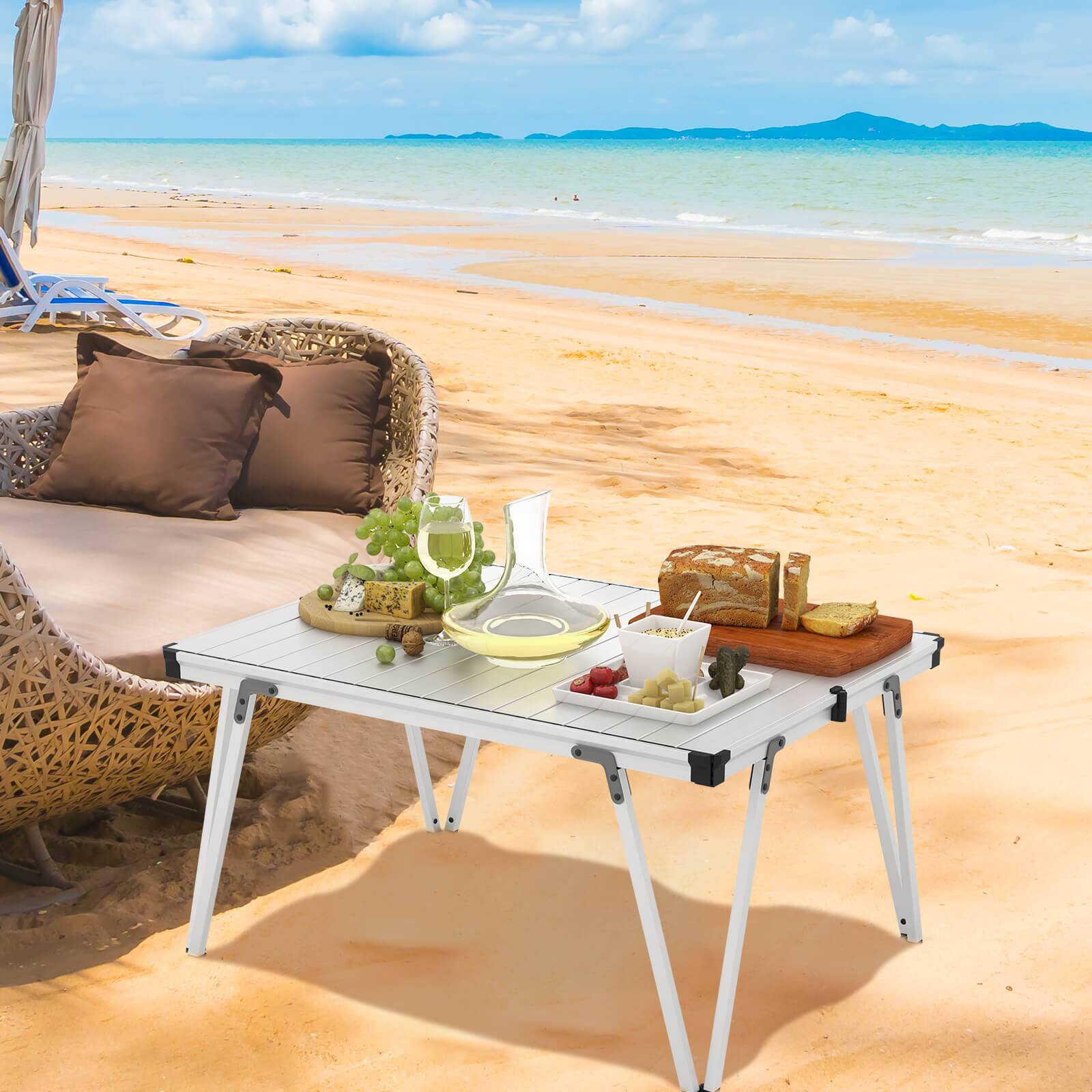 Left. Costway - Folding Camping Table w/ Storage Bag and Waterproof Desktop Aluminum Structure - Silver.