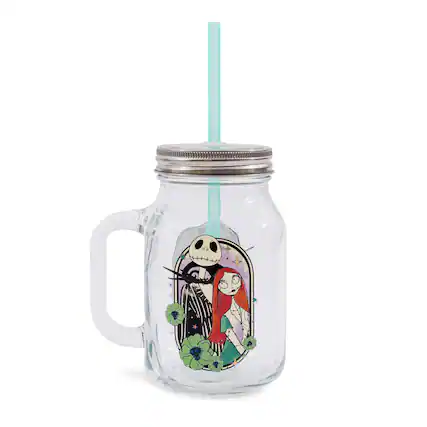 Front. Silver Buffalo - Disney The Nightmare Before Christmas Jack and Sally 21-Ounce Glass Mason Jar - Multi-Colored.