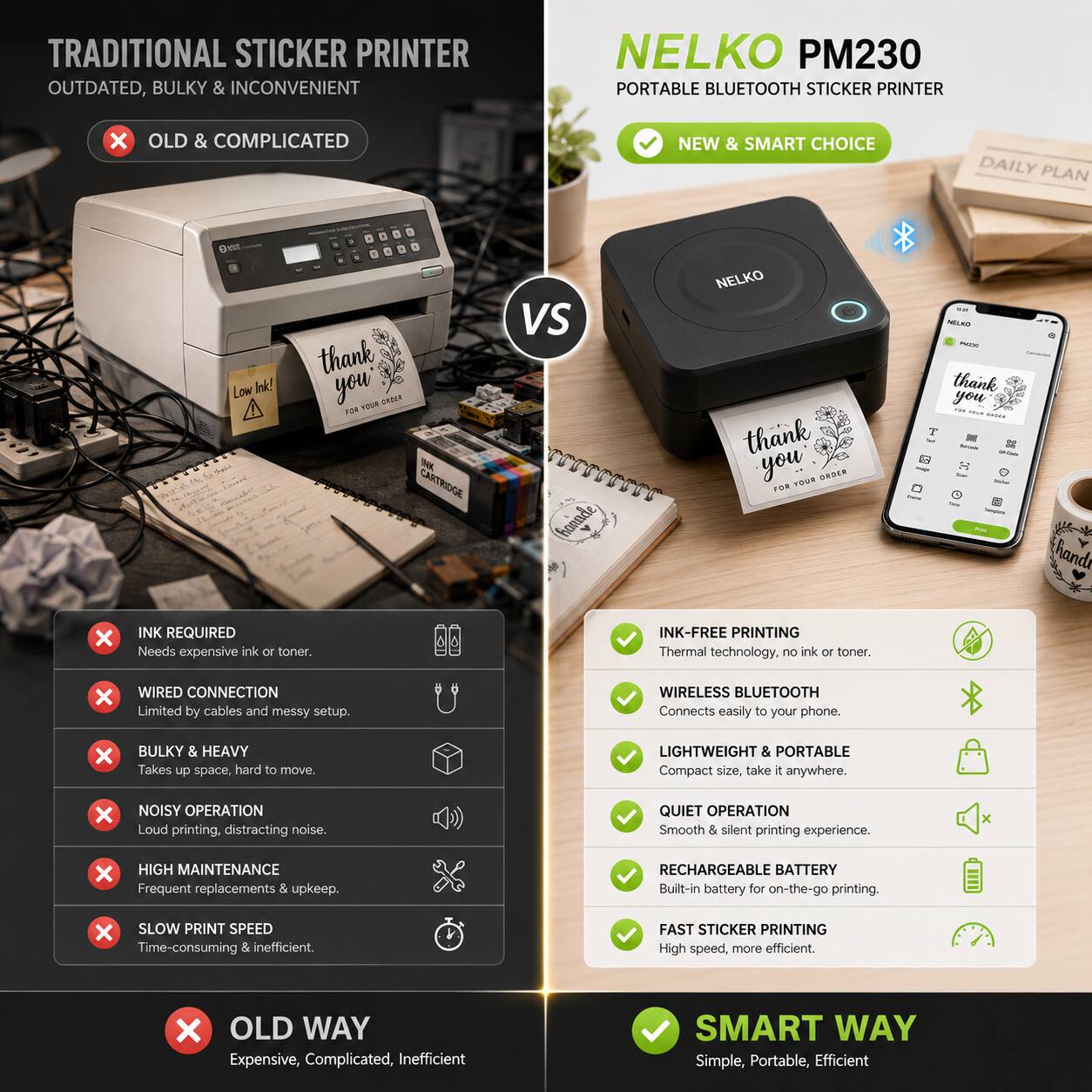 TRADITIONAL STICKER PRINTER OUTDATED, BULKY & INCONVENIENT

OLD & COMPLICATED

INK REQUIRED
Needs expensive ink or toner.

WIRED CONNECTION
Limited by cables and messy setup.

BULKY & HEAVY
Takes up space, hard to move.

NOISY OPERATION
Loud printing, distracting noise.

HIGH MAINTENANCE
Frequent replacements & upkeep.

SLOW PRINT SPEED
Time-consuming & inefficient.

OLD WAY
Expensive, Complicated, Inefficient

NELKO PM230 PORTABLE BLUETOOTH STICKER PRINTER

NEW & SMART CHOICE

INK-FREE PRINTING
Thermal technology, no ink or toner.

WIRELESS BLUETOOTH
Connects easily to your phone.

LIGHTWEIGHT & PORTABLE
Compact size, take it anywhere.

QUIET OPERATION
Smooth & silent printing experience.

RECHARGEABLE BATTERY
Built-in battery for on-the-go printing.

FAST STICKER PRINTING
High speed, more efficient.

SMART WAY
Simple, Portable, Efficient