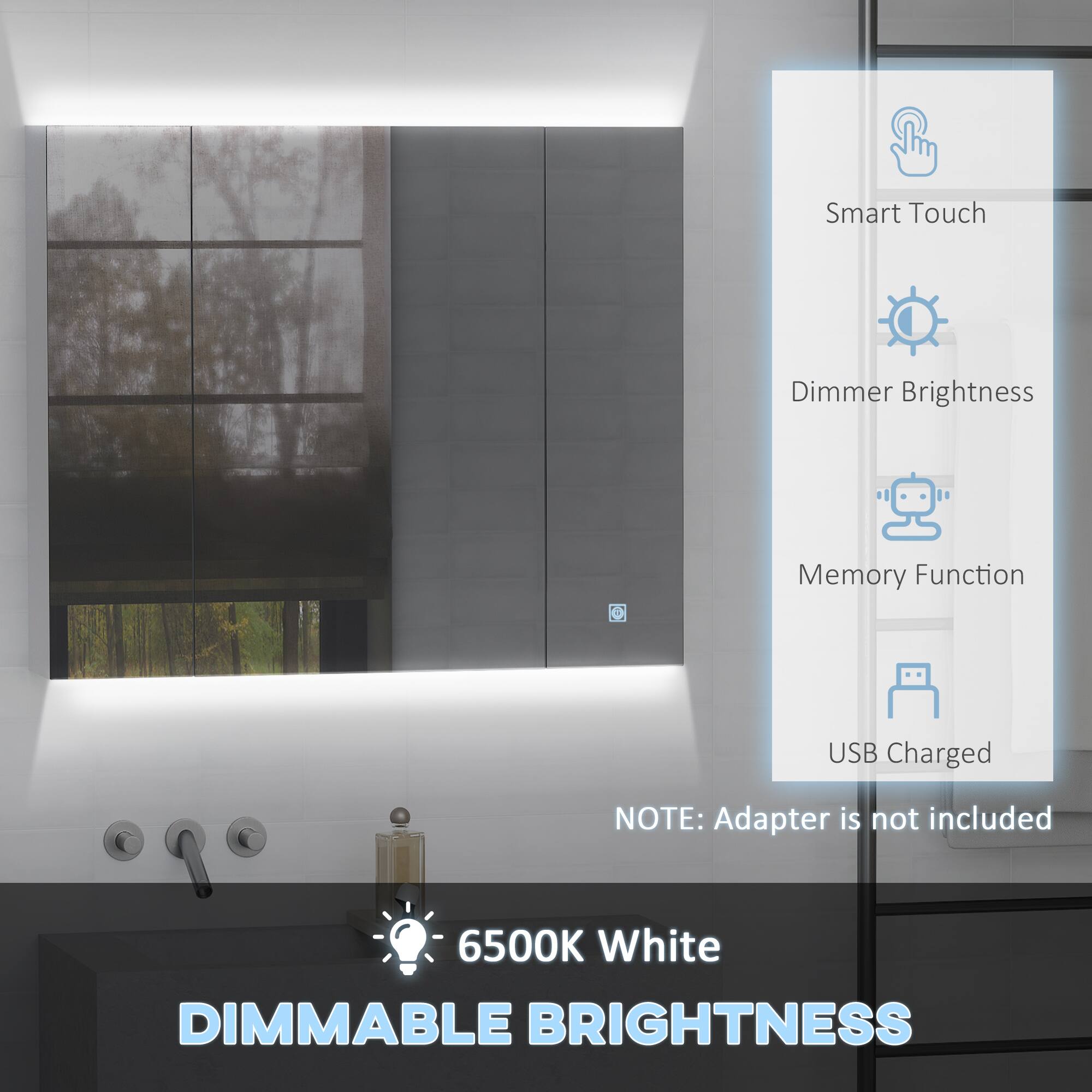 Smart Touch, Dimmer Brightness, Memory Function, USB Charged, NOTE: Adapter is not included, 6500K White, DIMMABLE BRIGHTNESS