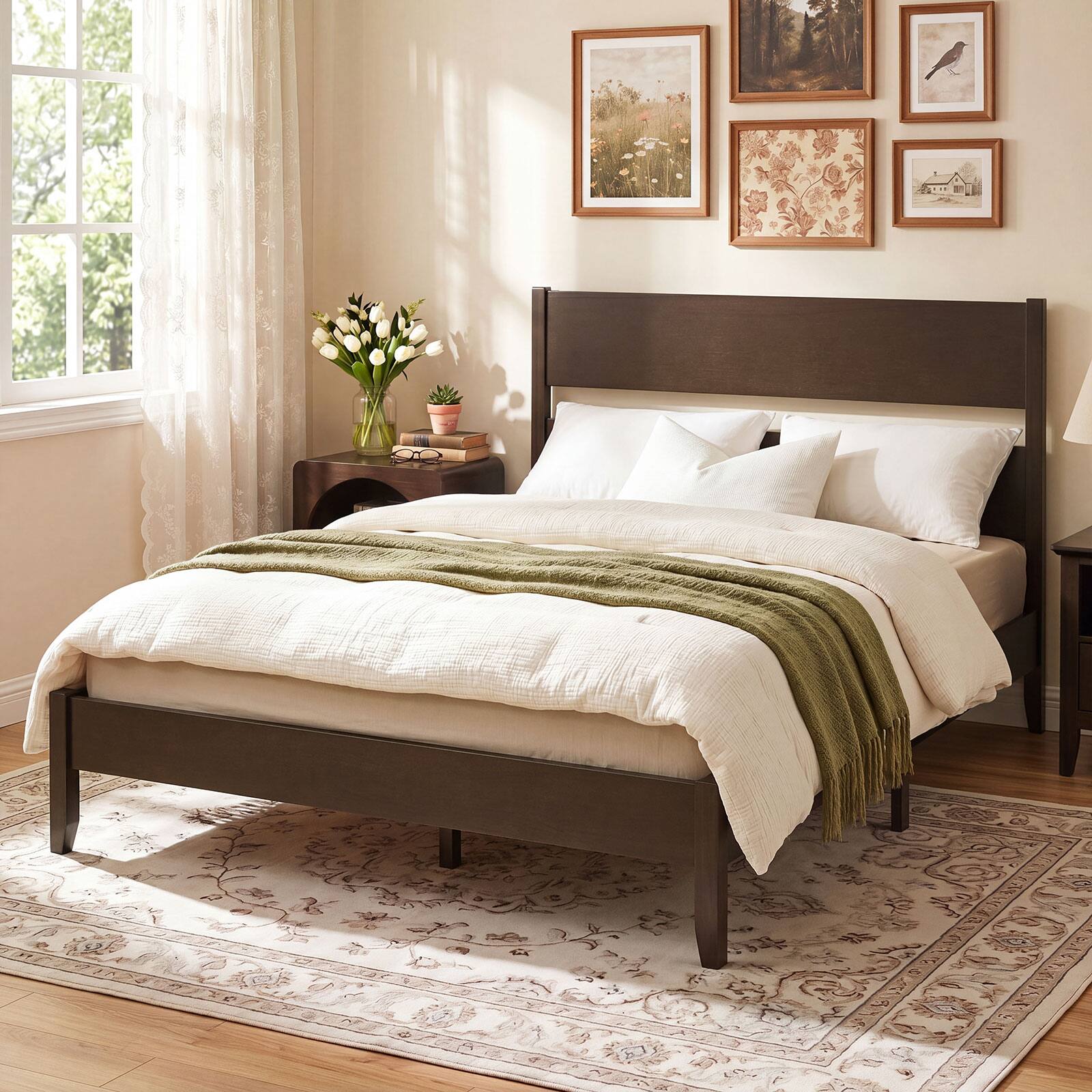 Alt View 4. Costway - Costway Queen Bed Frame with Headboard, Solid Wood Legs, 12 Slats, No Box Spring Needed - Dark Walnut.