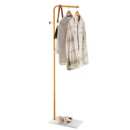 Front. VEVOR - Coat Rack, Freestanding Coats Rack Stand with Quartz Stone Base & 3 Round Hooks, Free Standing Hall Coat Tree - Gold.