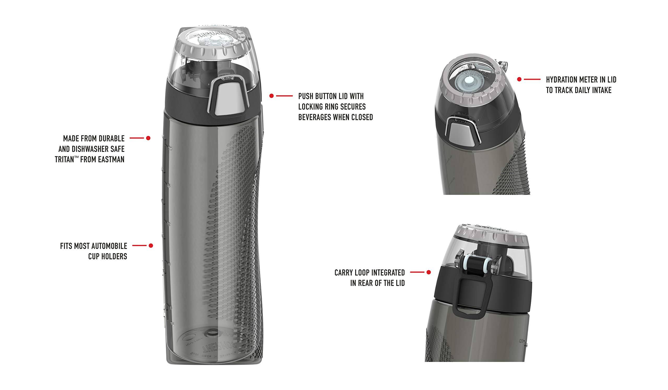 - Push button lid with locking ring secures beverages when closed
- Hydration meter in lid to track daily intake
- Made from durable and dishwasher safe Tritan™ from Eastman
- Fits most automobile cup holders
- Carry loop integrated in rear of the lid