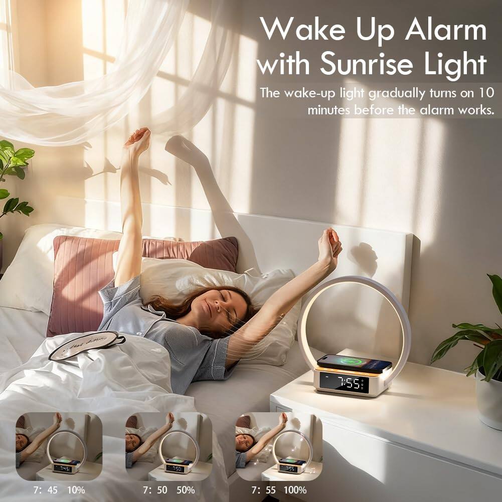 Wake Up Alarm with Sunrise Light

The wake-up light gradually turns on 10 minutes before the alarm works.

7:45 10%
7:50 50%
7:55 100%